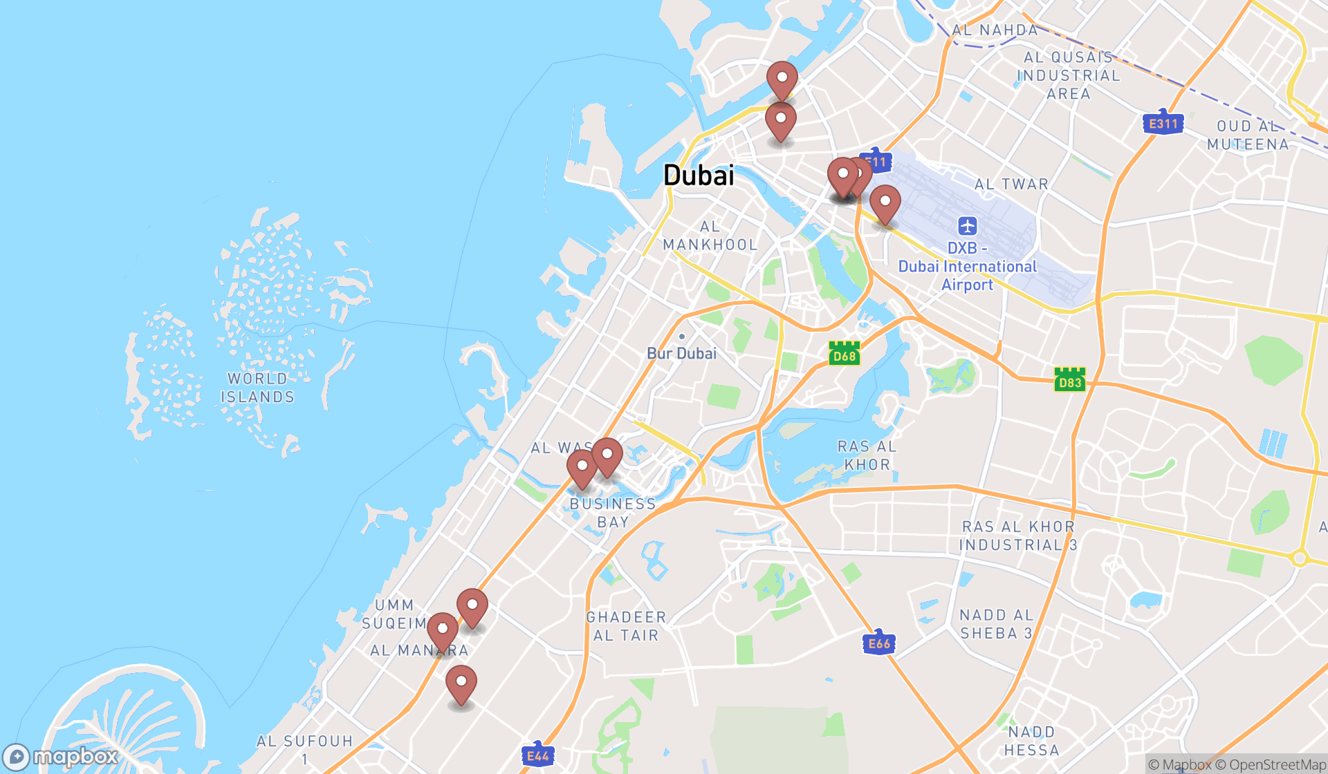 Map showing the search results in Dubai