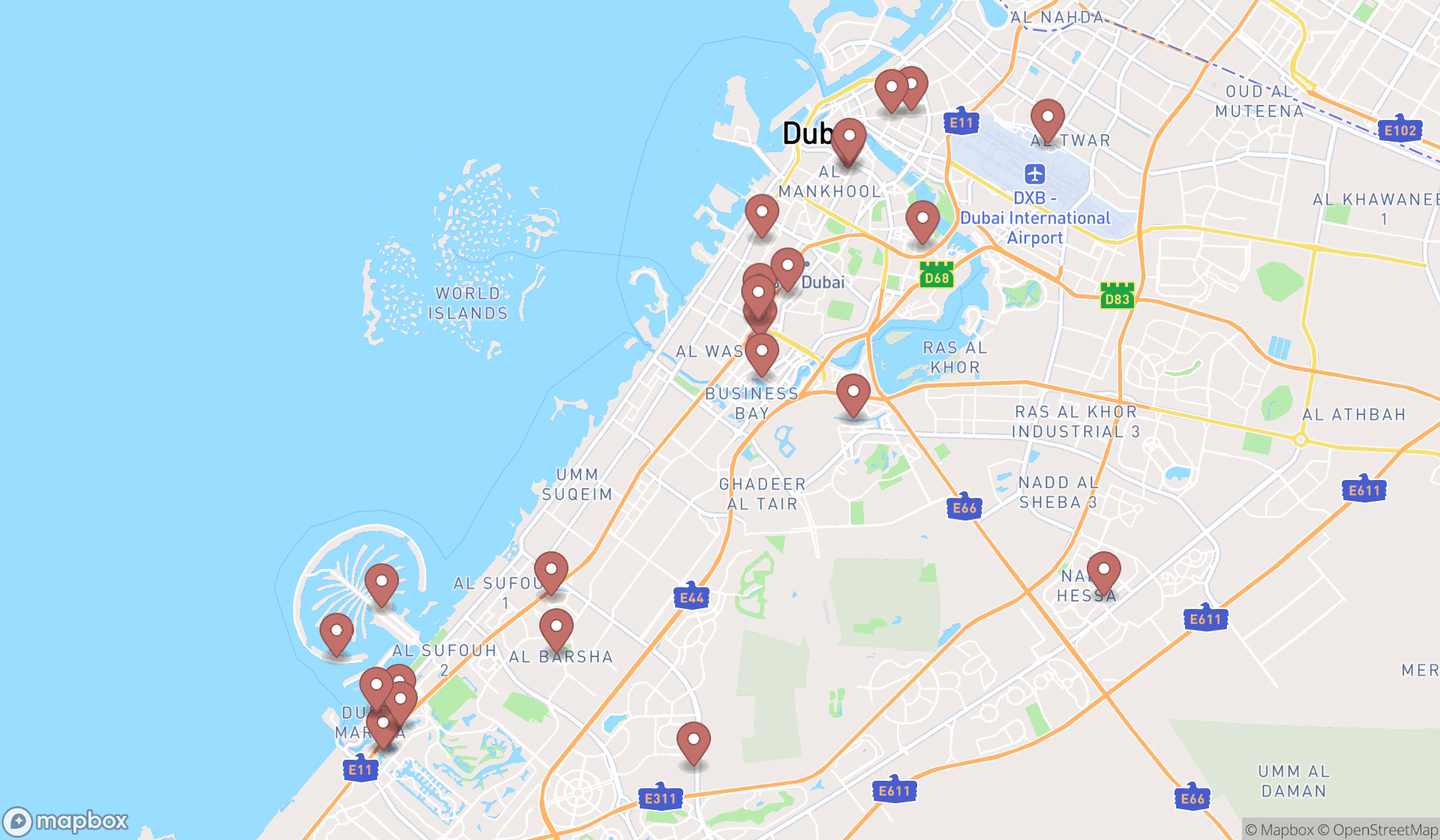 Map showing the search results in Dubai