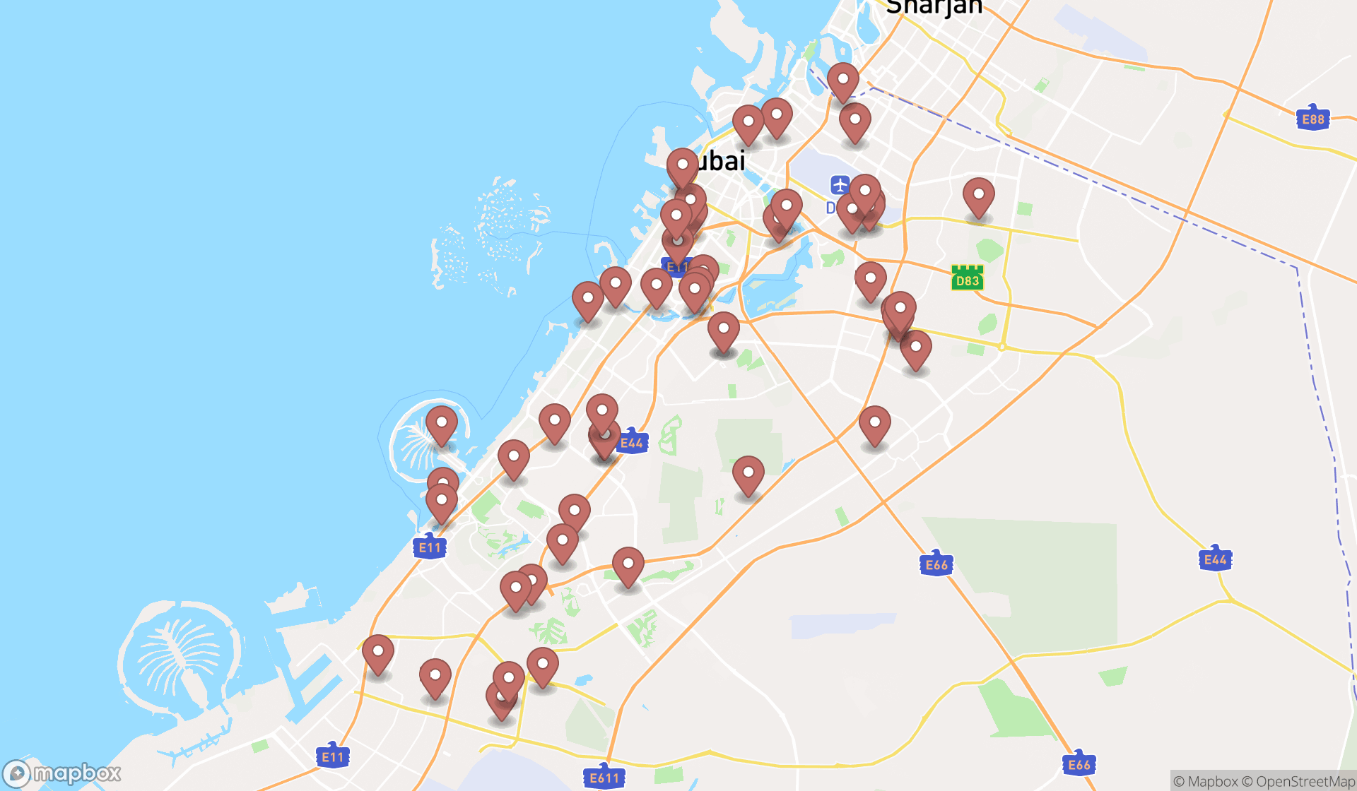 Map showing the search results in Dubai