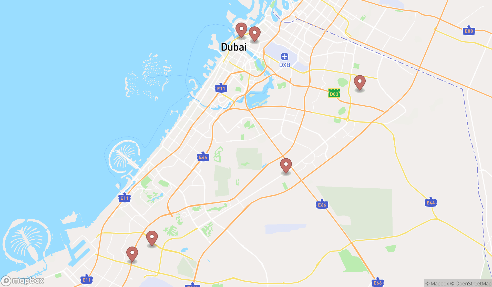 Map showing the search results in Dubai