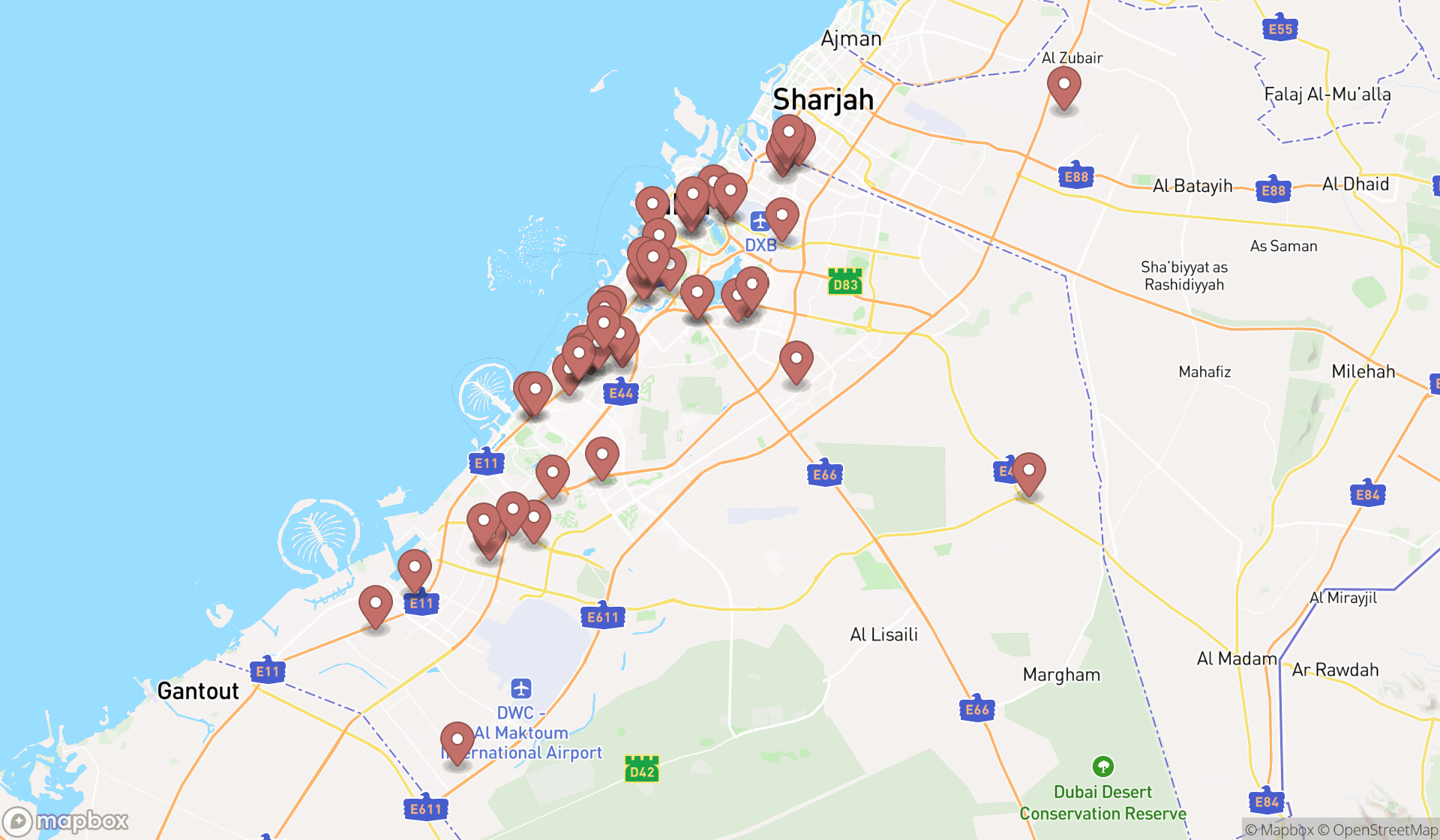 Map showing the search results in Dubai
