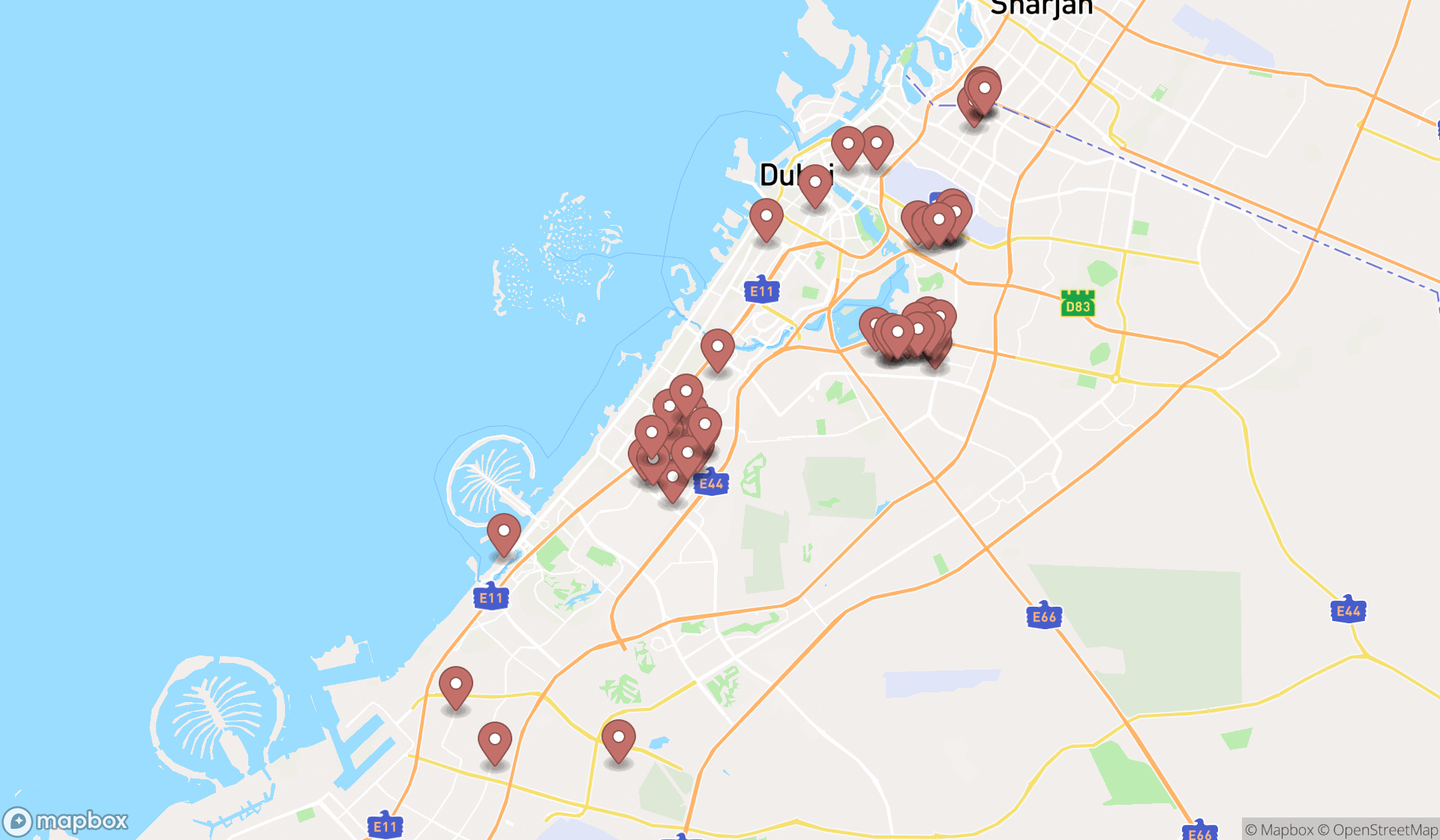 Map showing the search results in Dubai