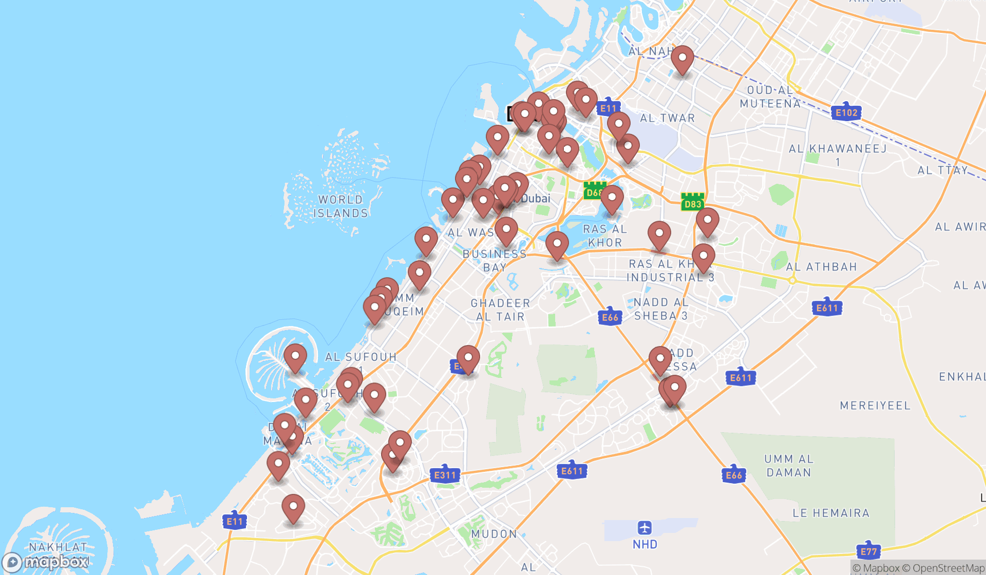 Map showing the search results in Dubai