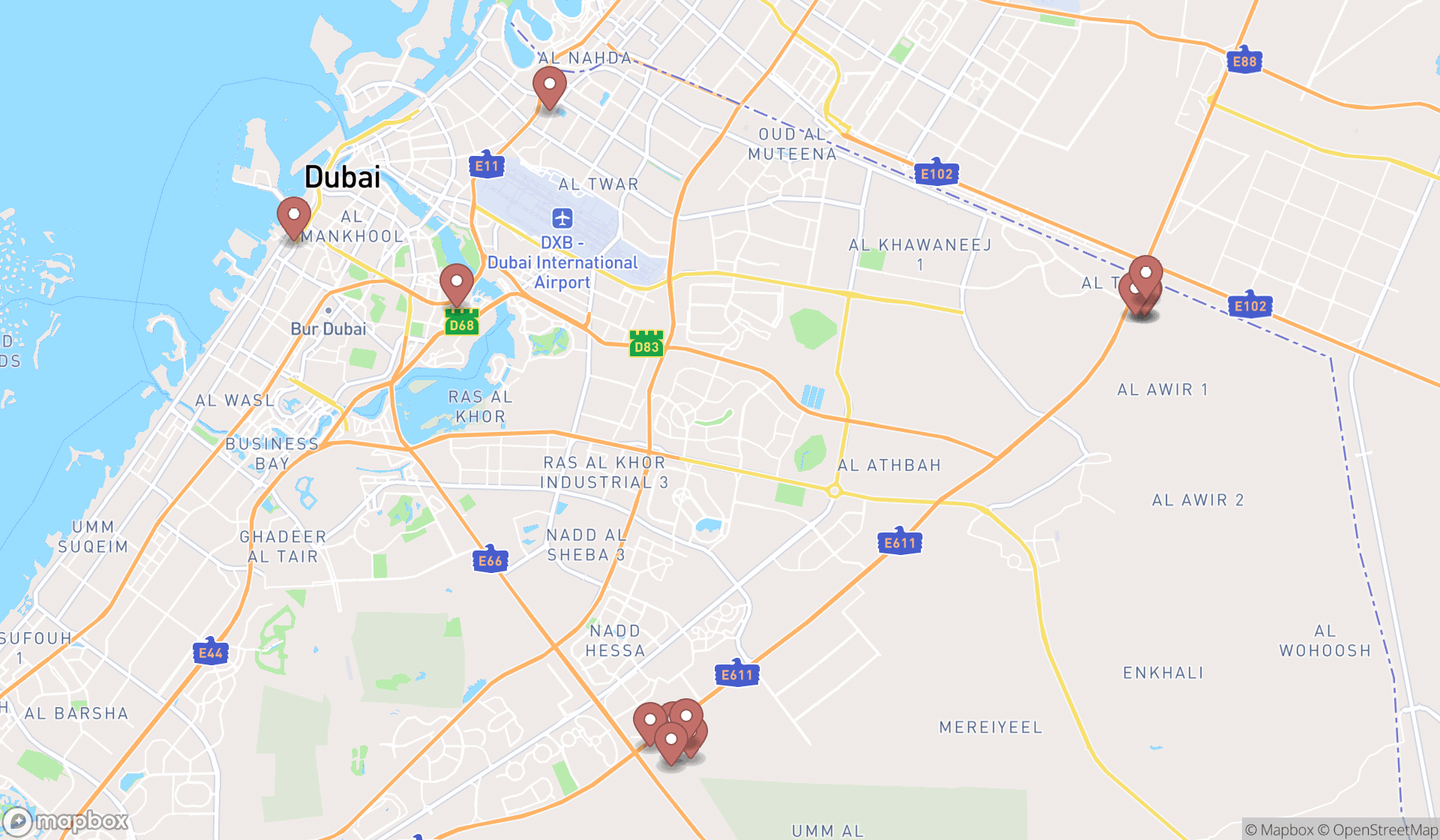 Map showing the search results in Dubai