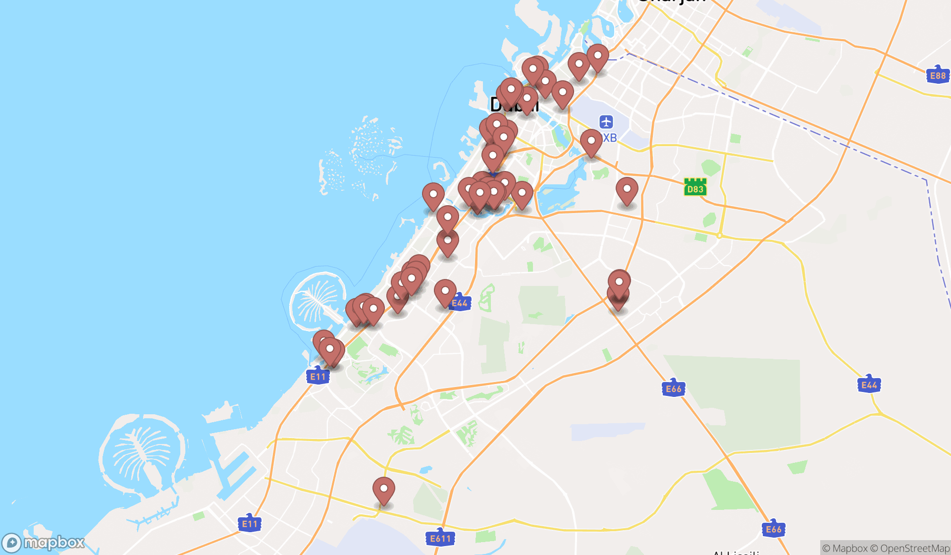 Map showing the search results in Dubai