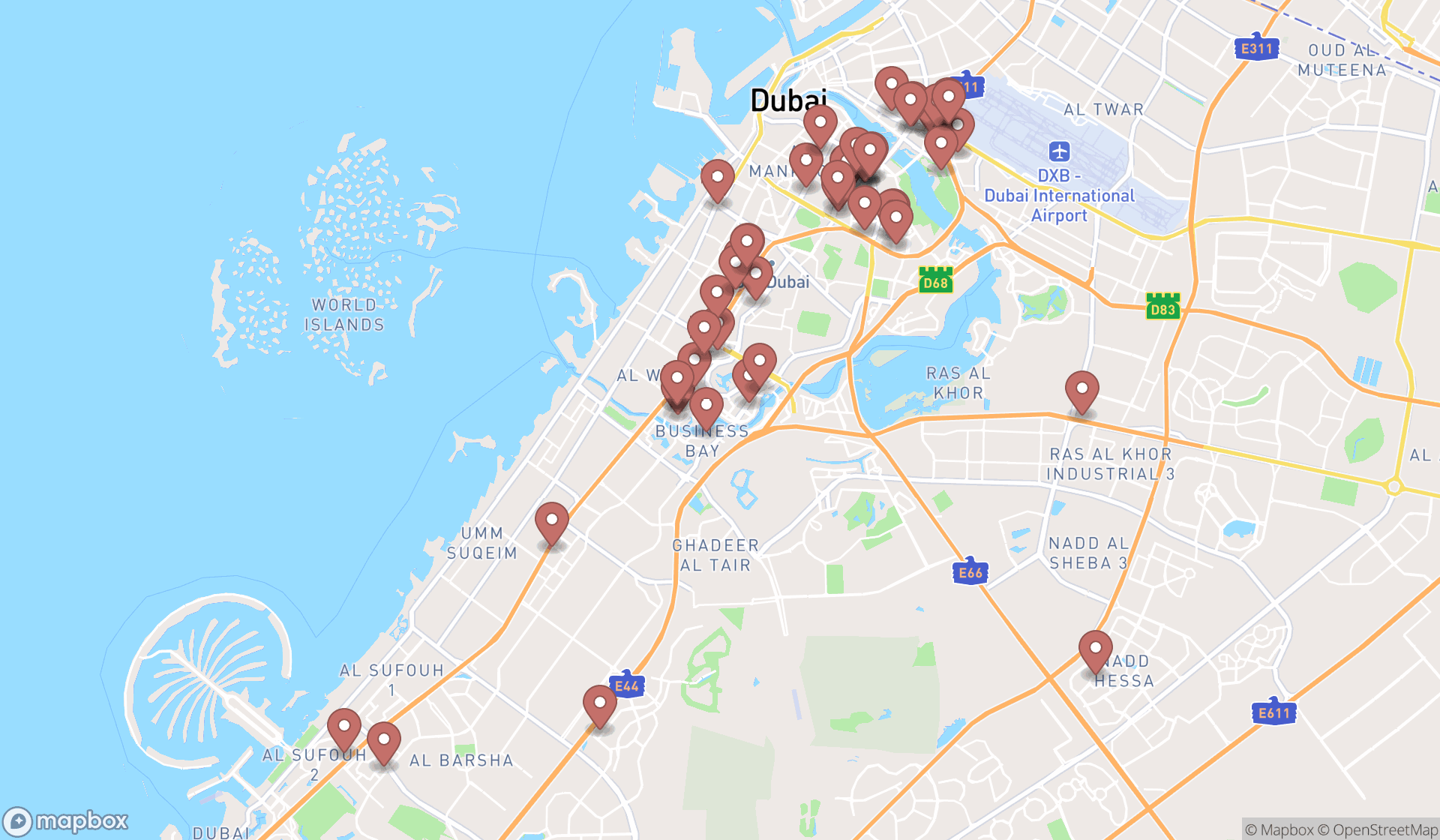 Map showing the search results in Dubai