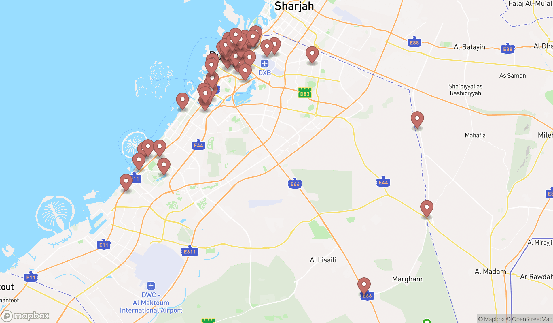 Map showing the search results in Dubai