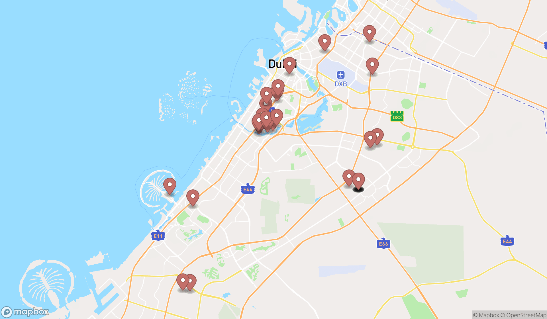 Map showing the search results in Dubai