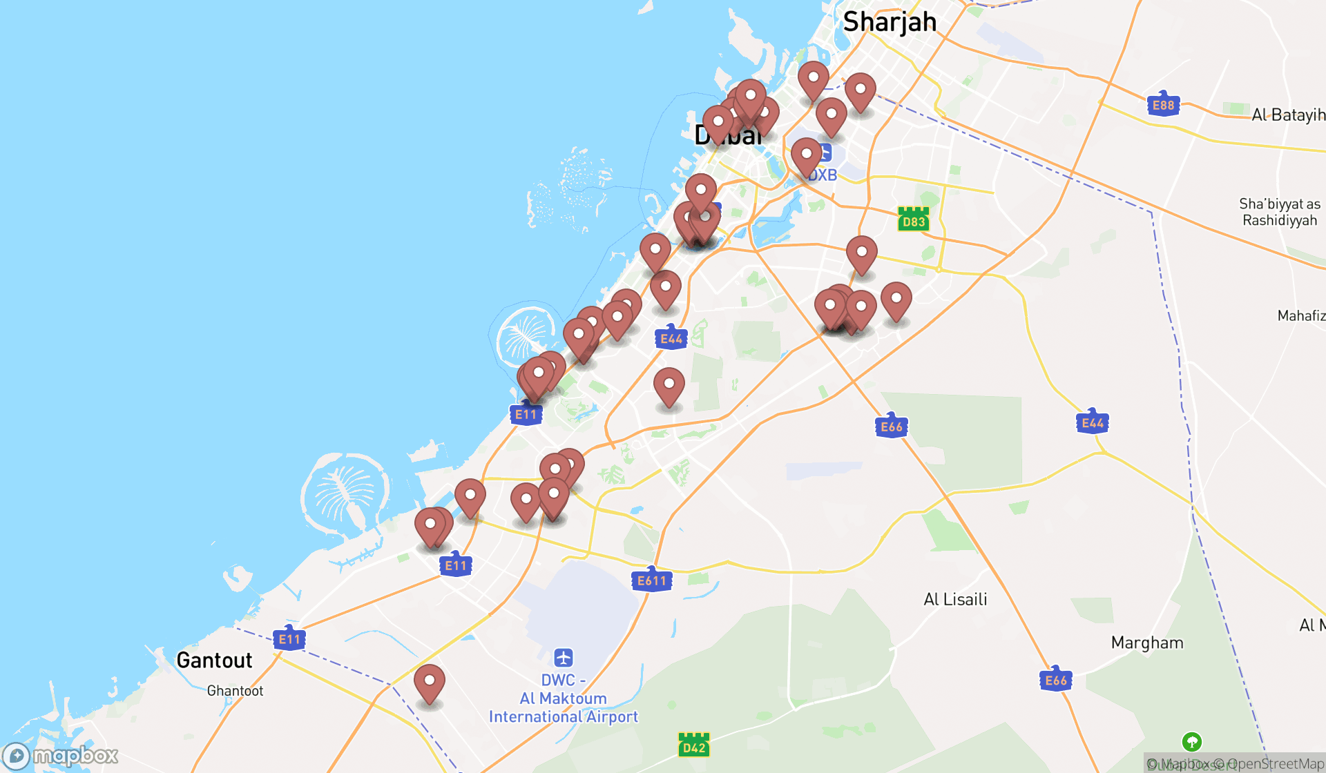 Map showing the search results in Dubai