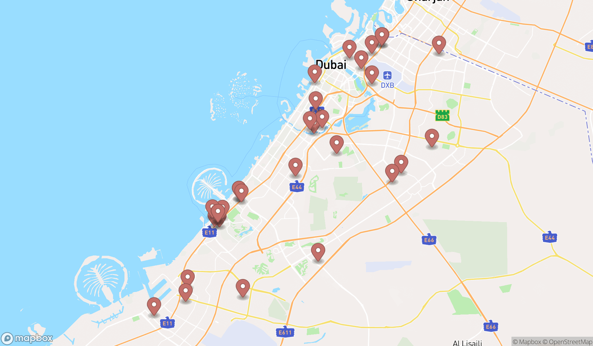 Map showing the search results in Dubai