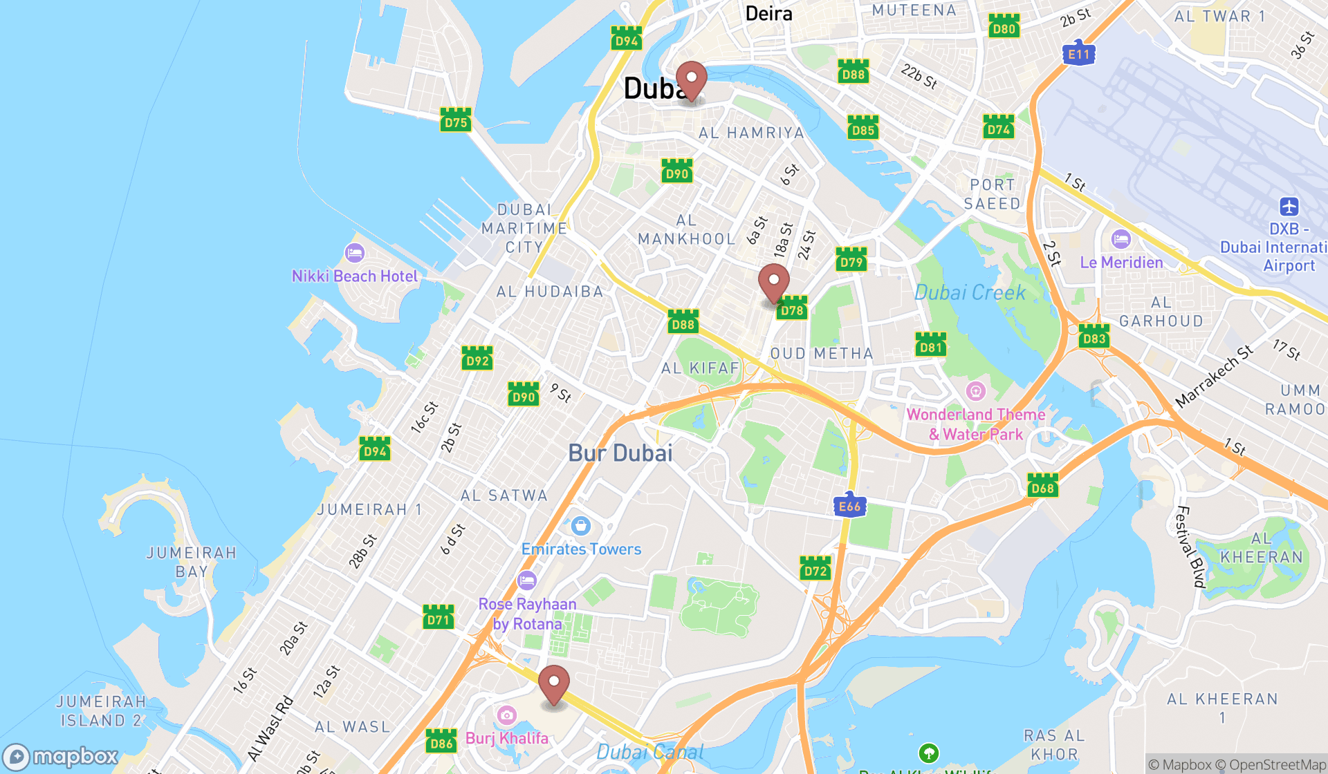 Map showing the search results in Dubai