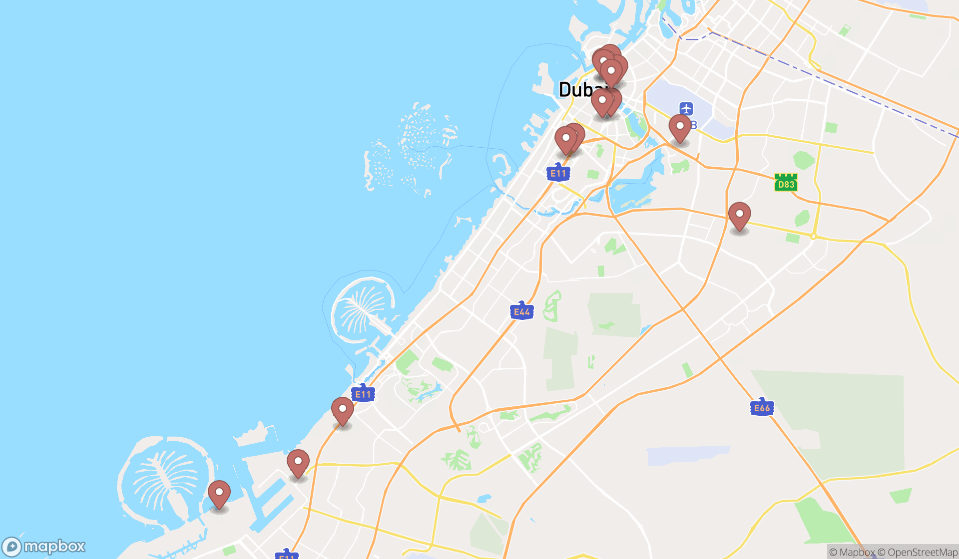 Map showing the search results in Dubai