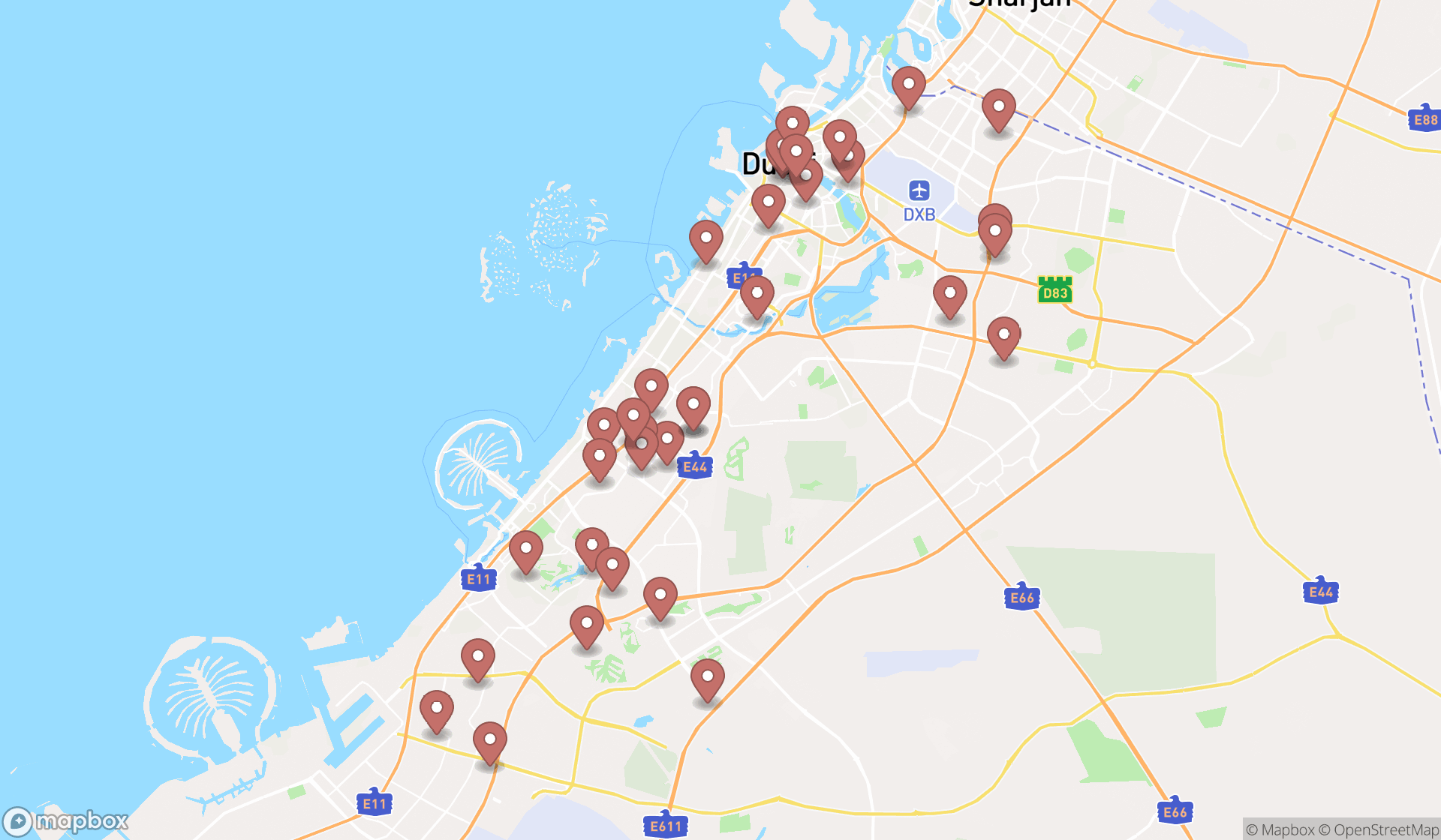 Map showing the search results in Dubai