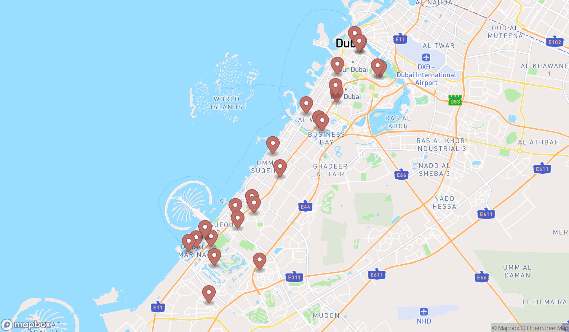 Map showing the search results in Dubai