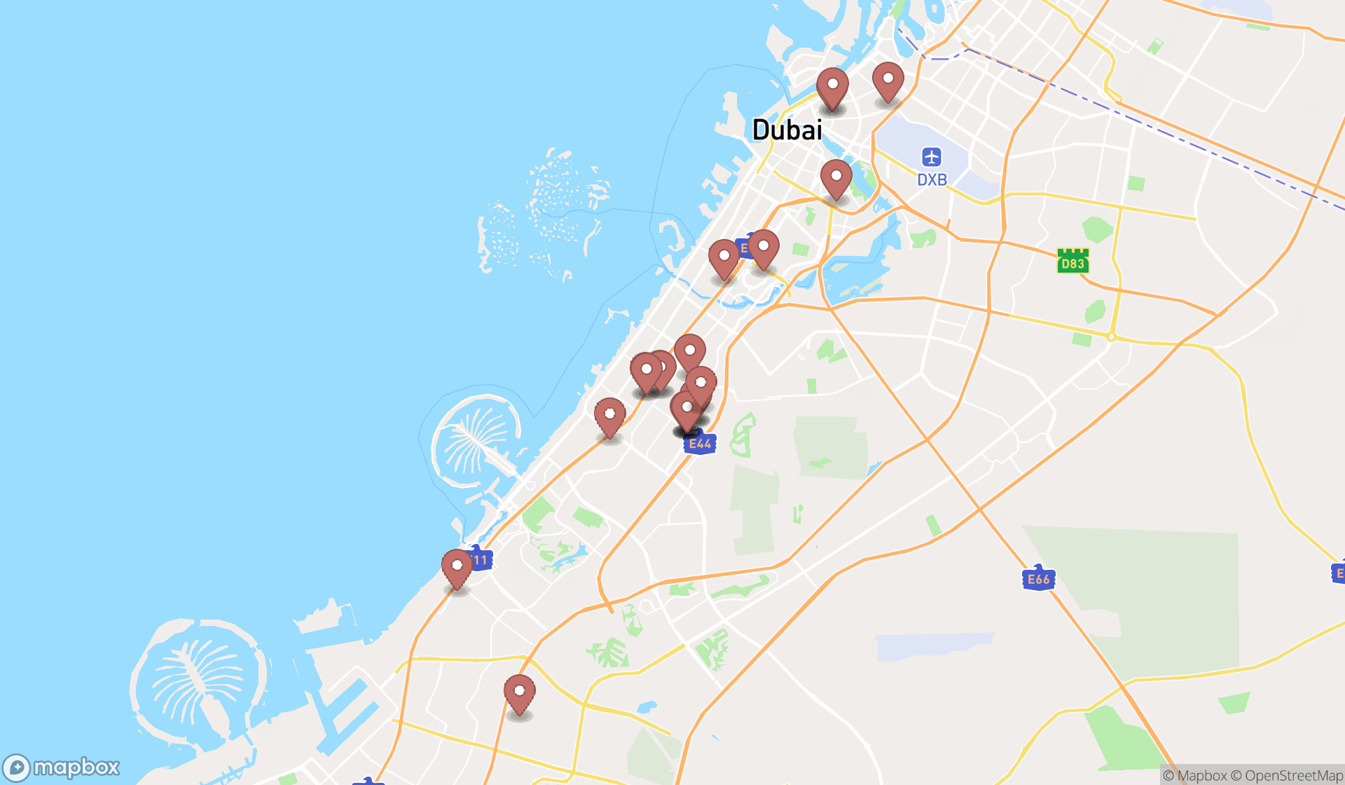 Map showing the search results in Dubai