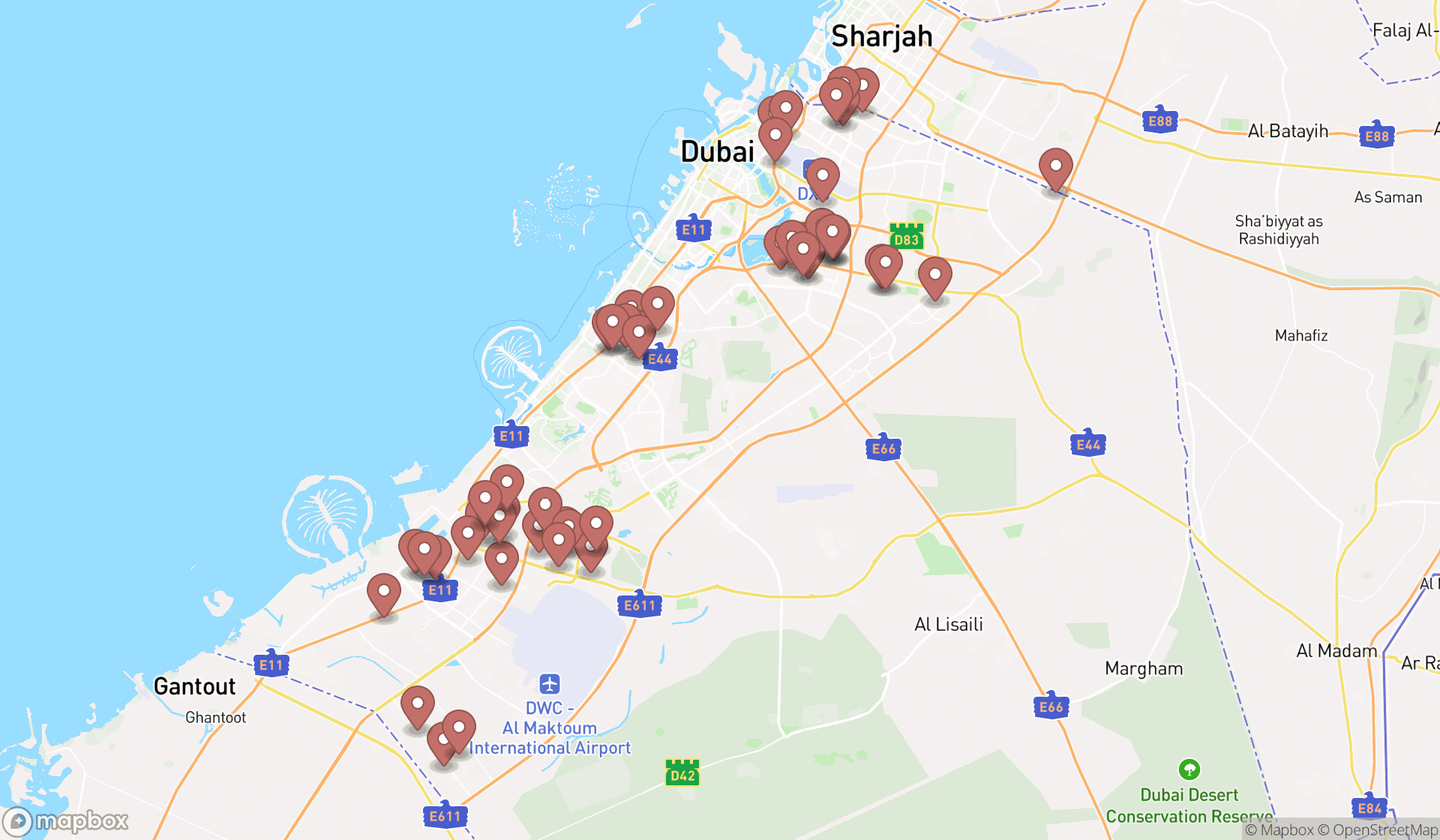 Map showing the search results in Dubai