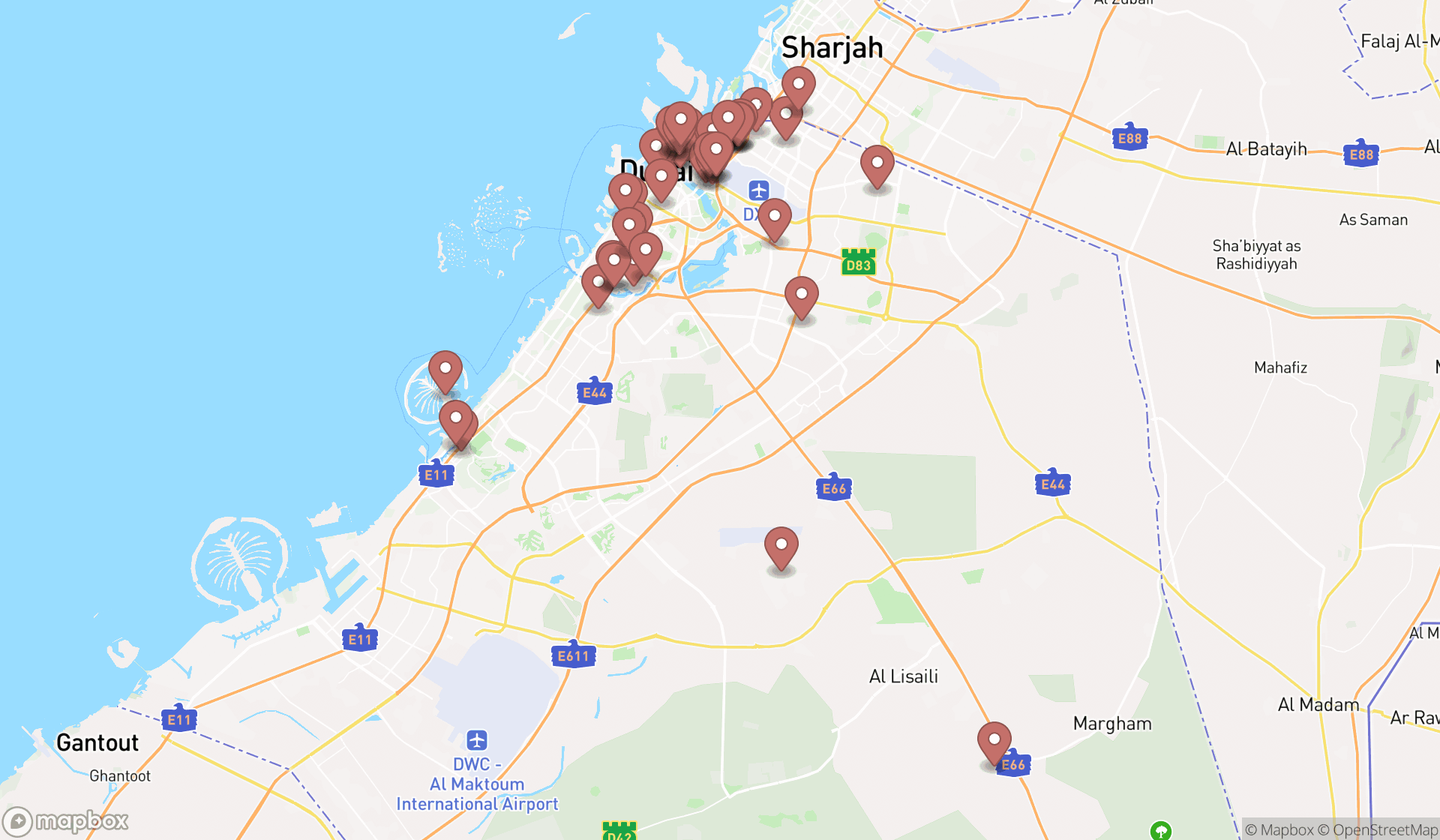 Map showing the search results in Dubai