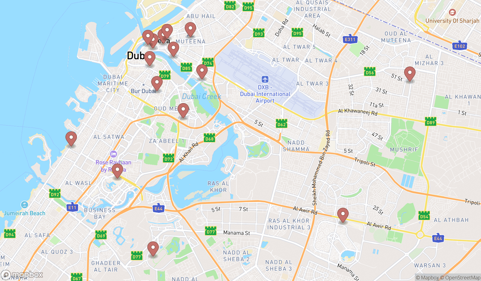 Map showing the search results in Dubai