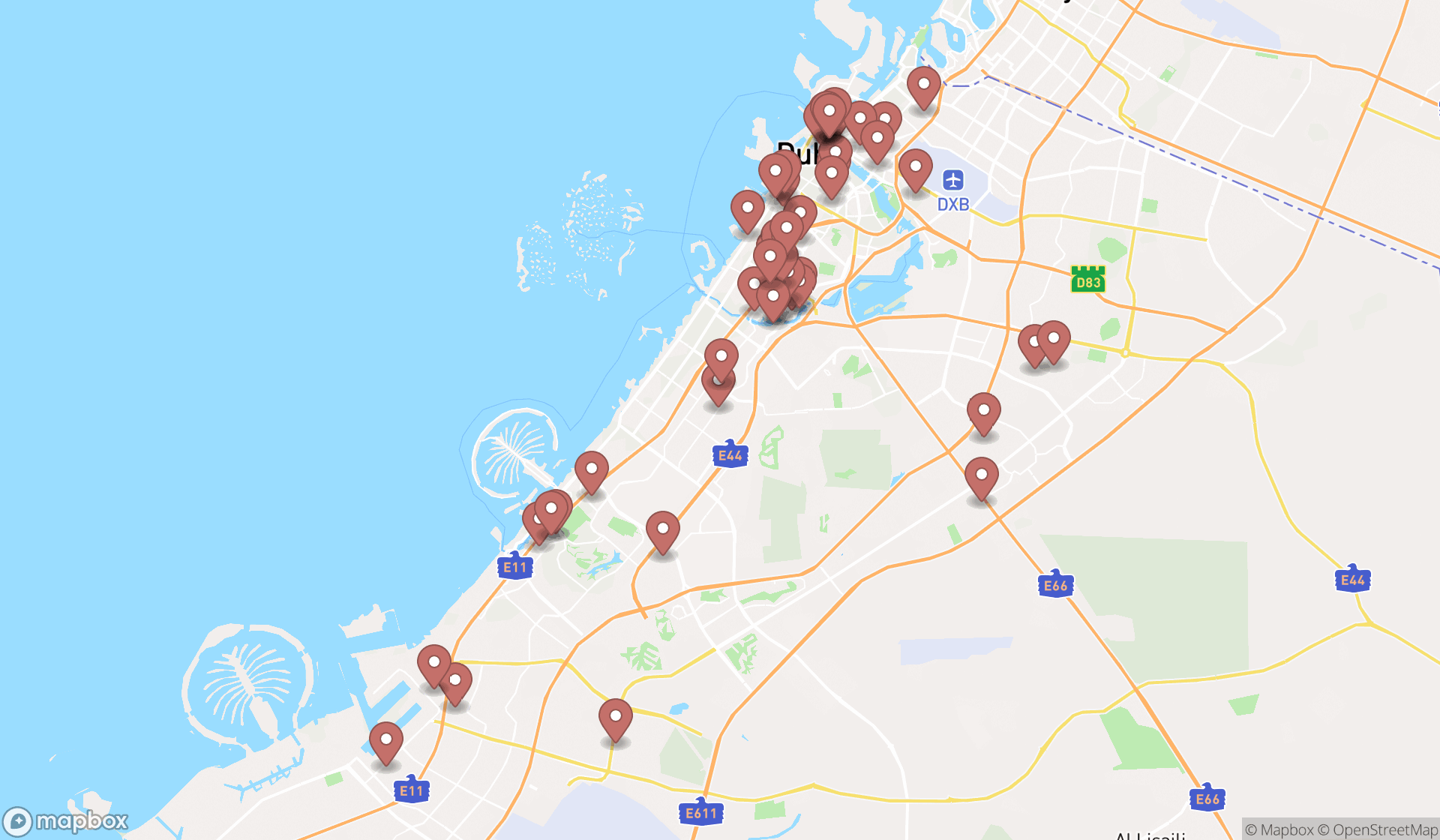 Map showing the search results in Dubai