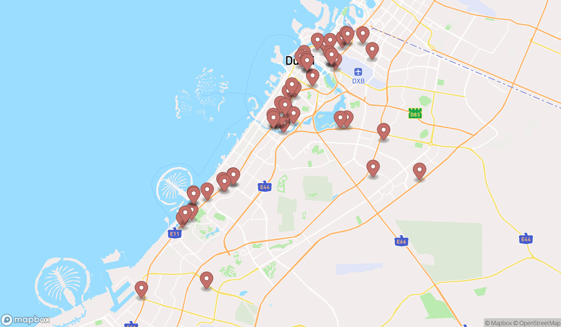 Map showing the search results in Dubai