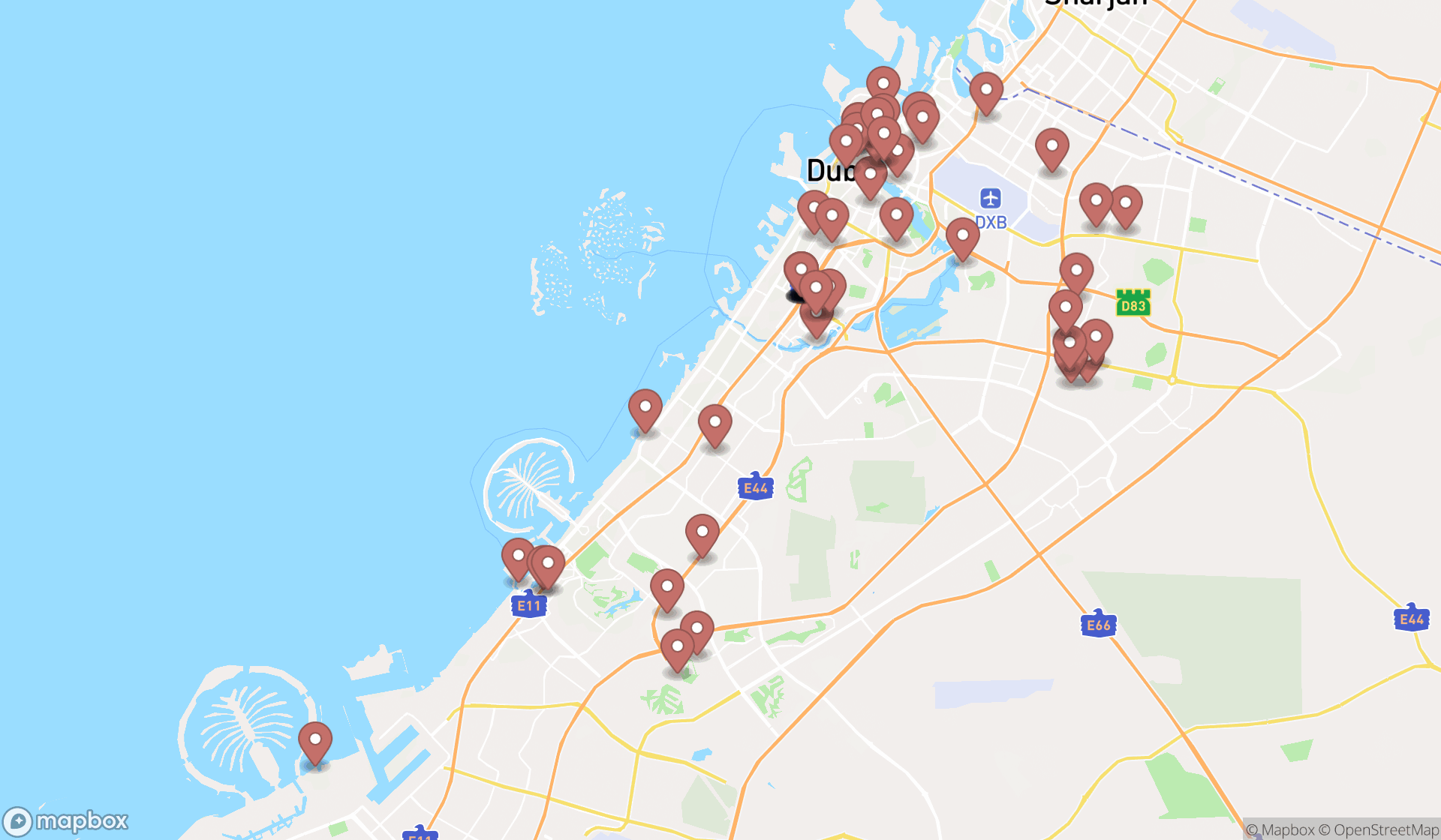 Map showing the search results in Dubai
