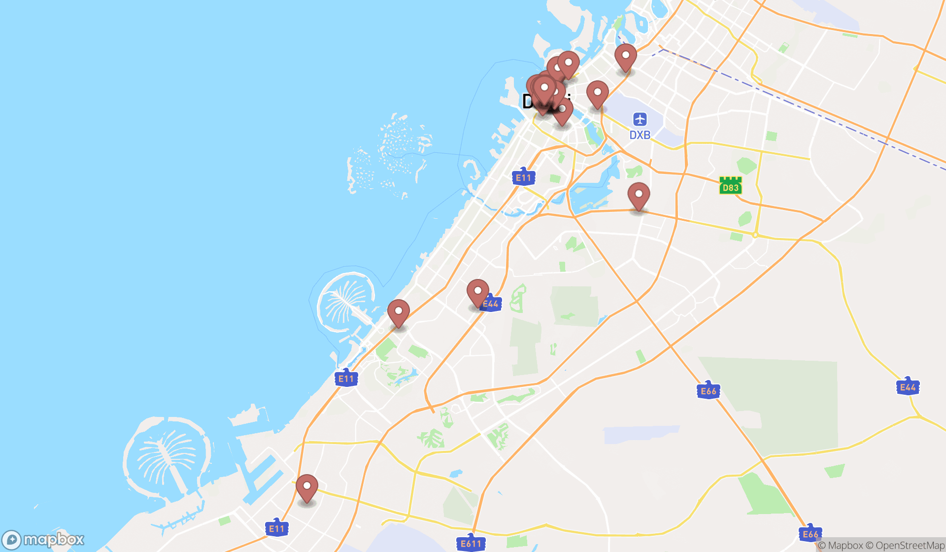 Map showing the search results in Dubai