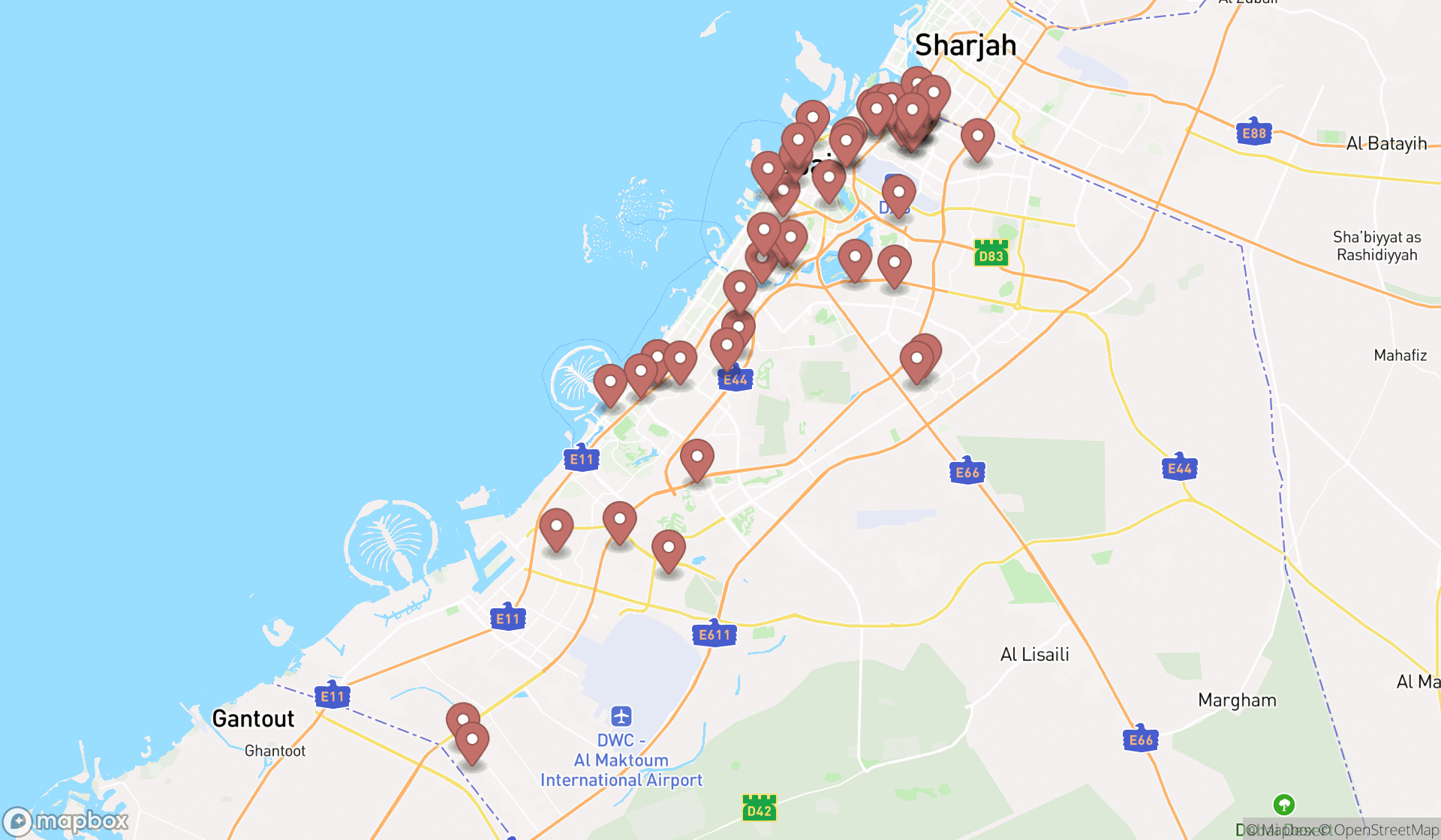 Map showing the search results in Dubai