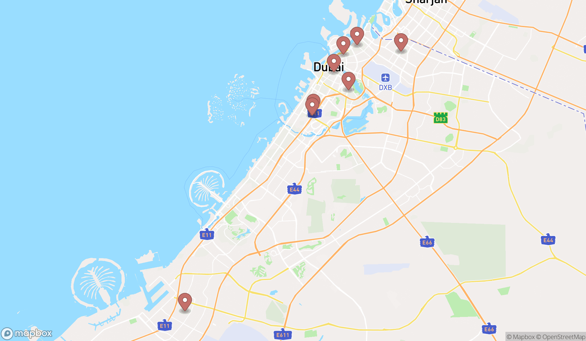 Map showing the search results in Dubai