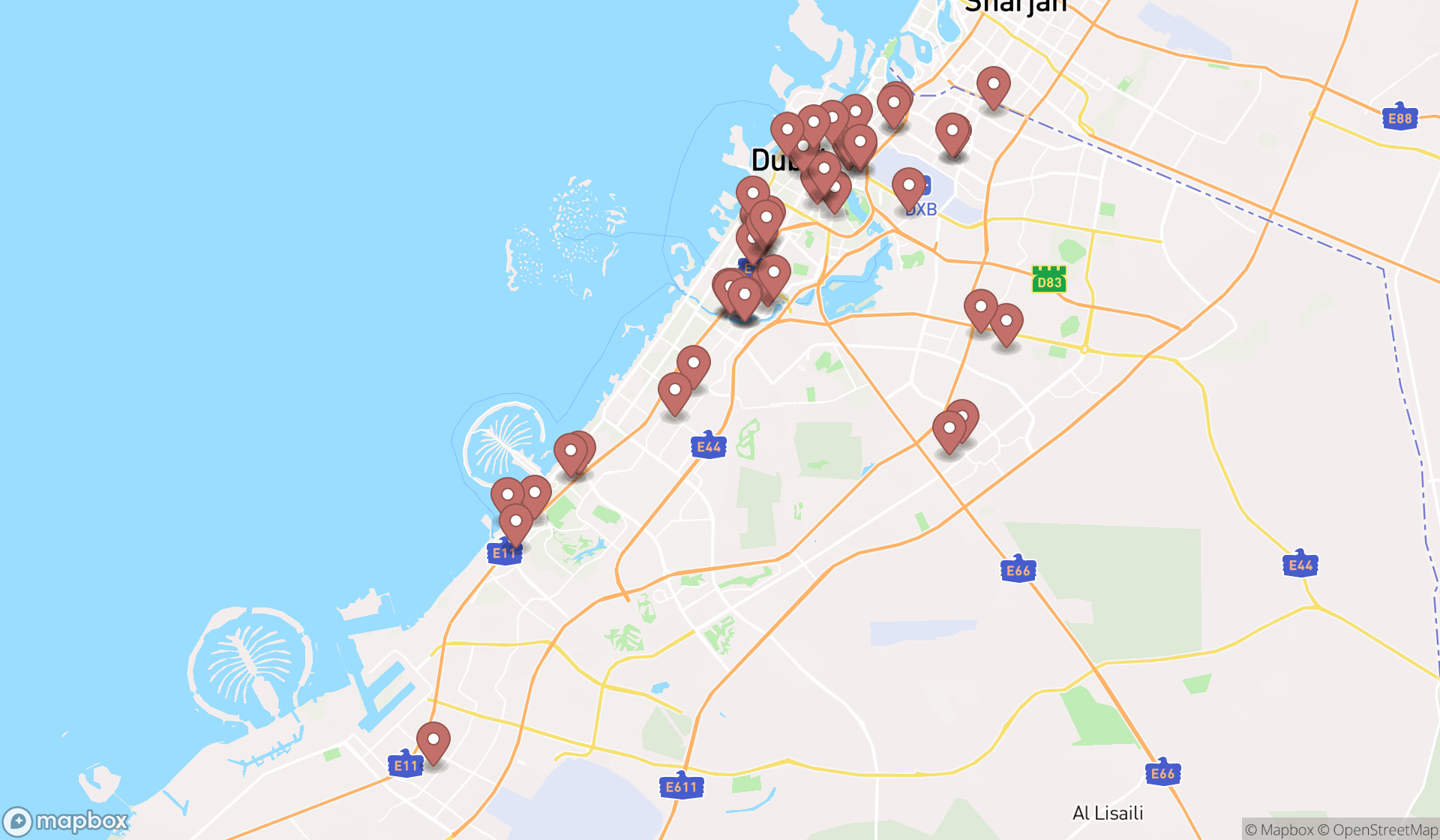 Map showing the search results in Dubai