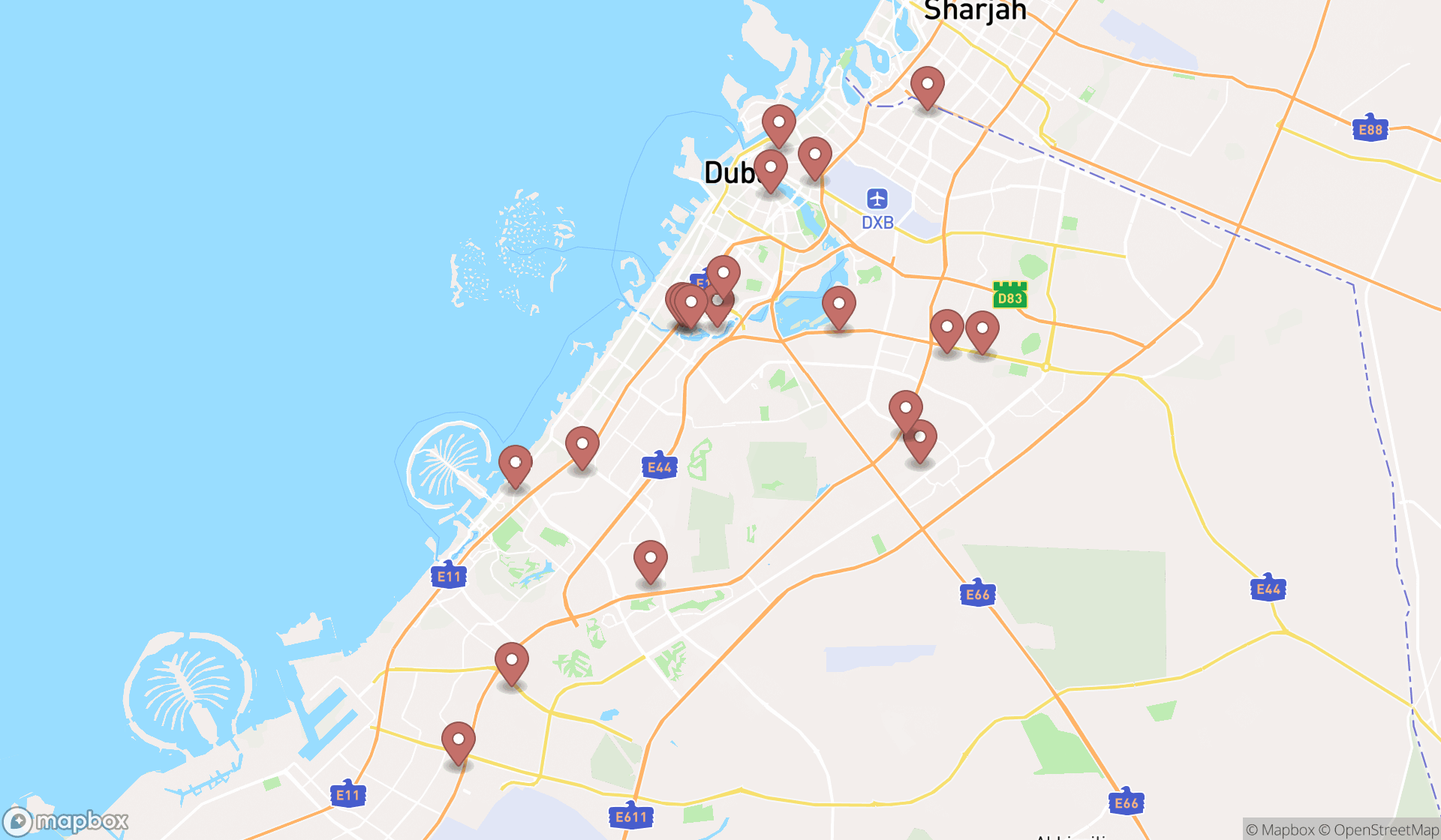 Map showing the search results in Dubai