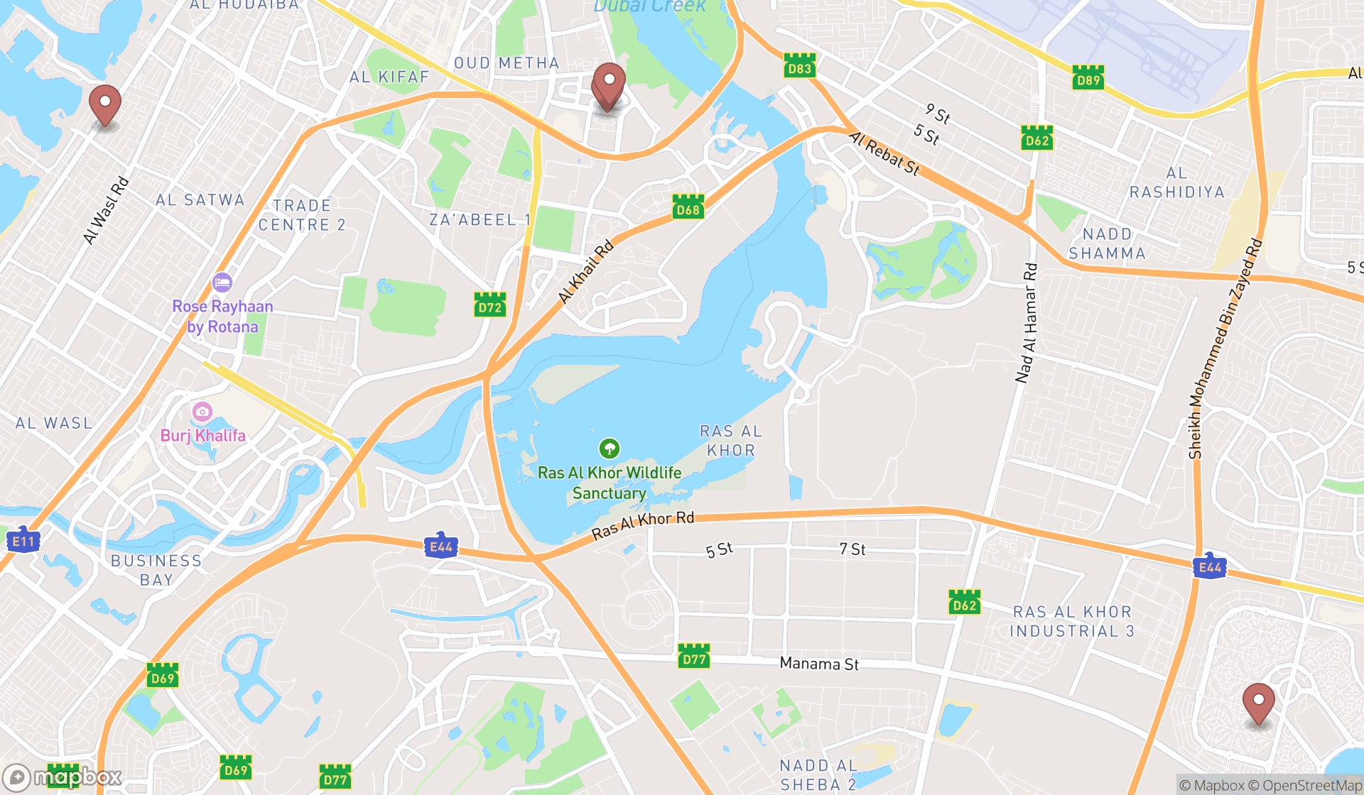 Map showing the search results in Dubai