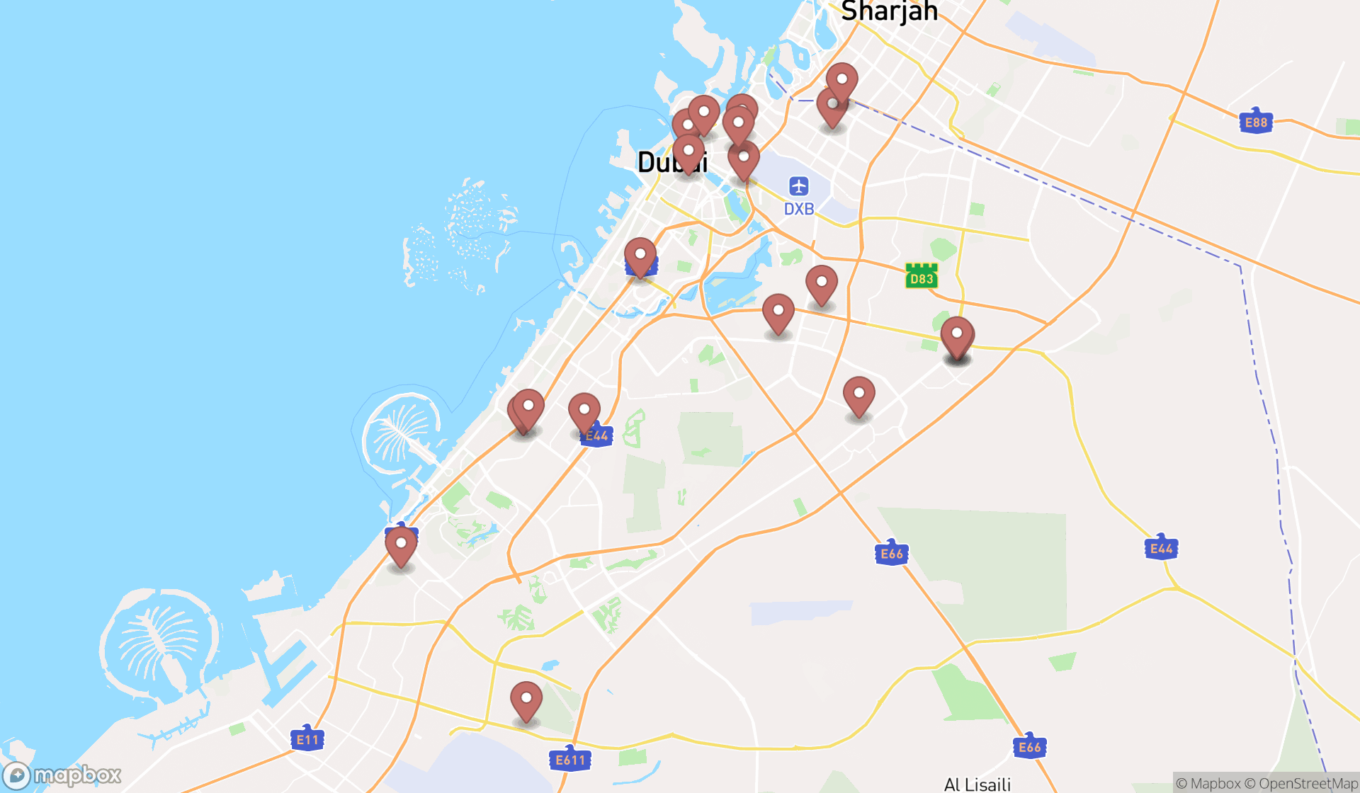 Map showing the search results in Dubai