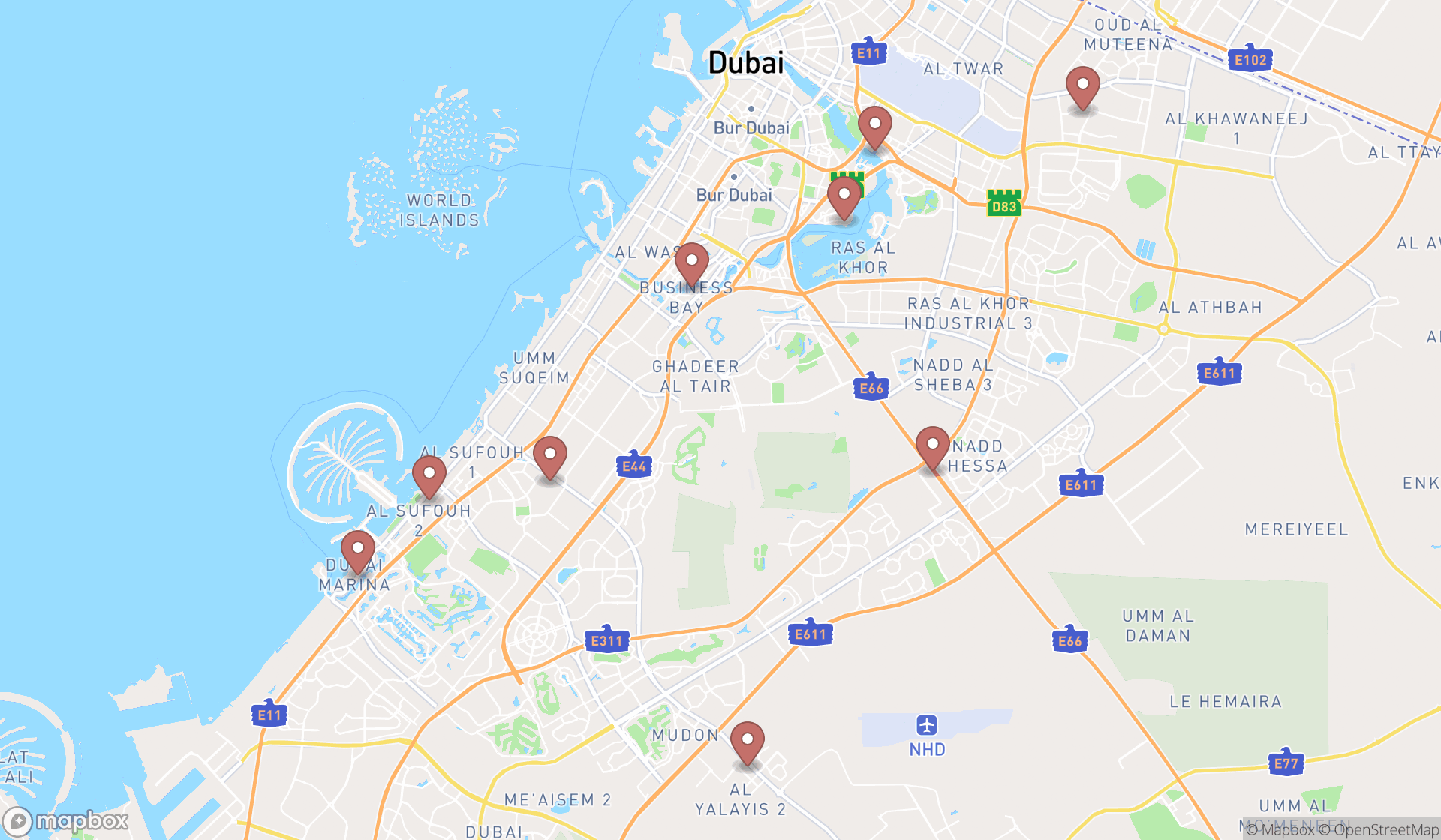 Map showing the search results in Dubai