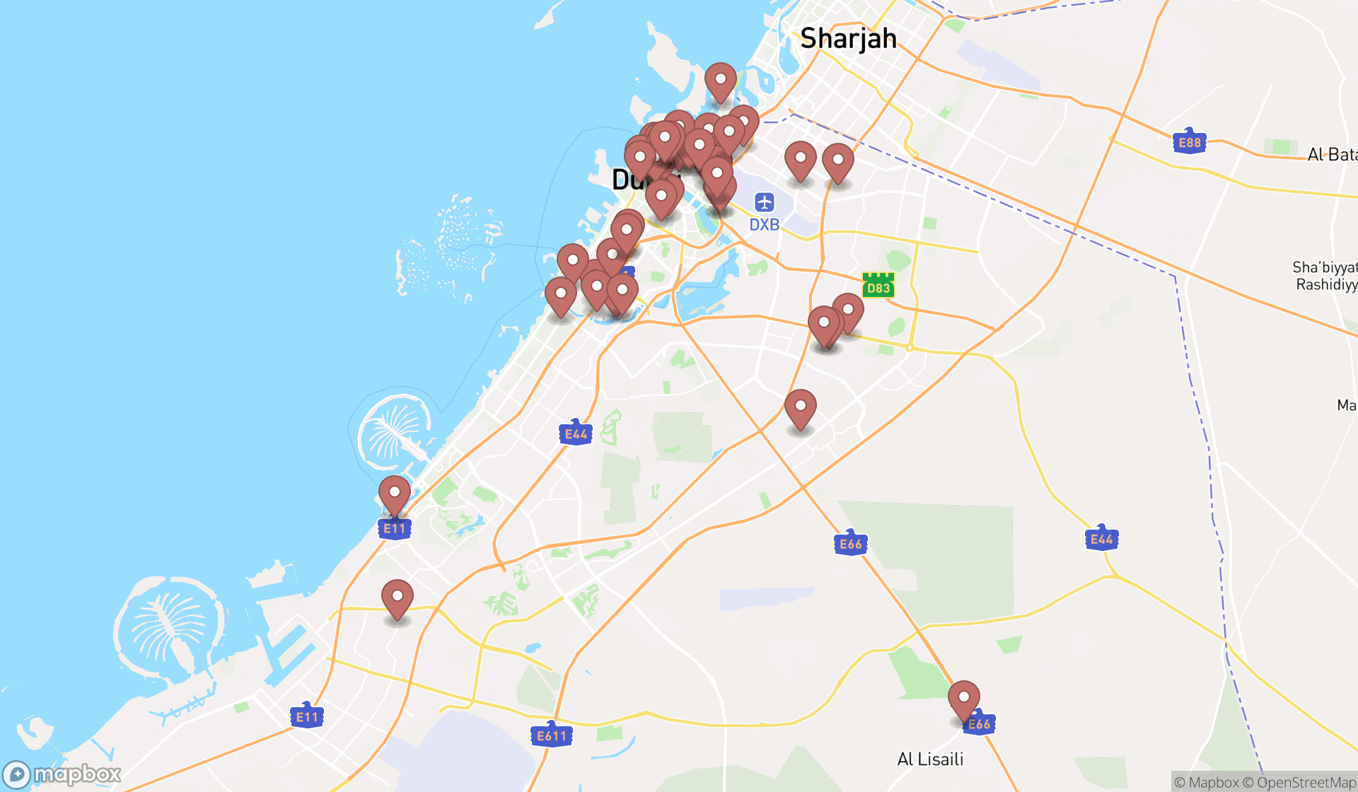 Map showing the search results in Dubai