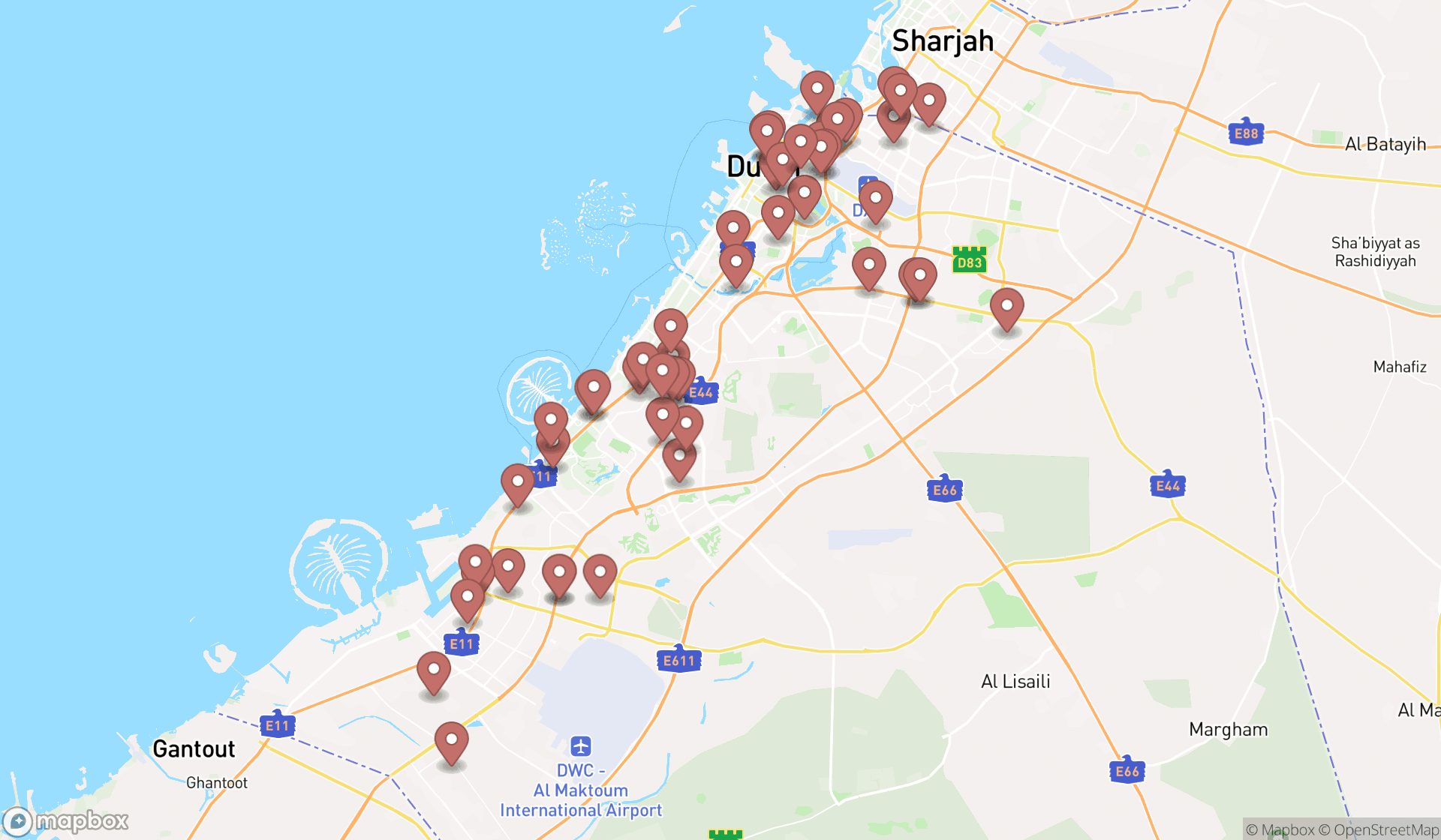 Map showing the search results in Dubai