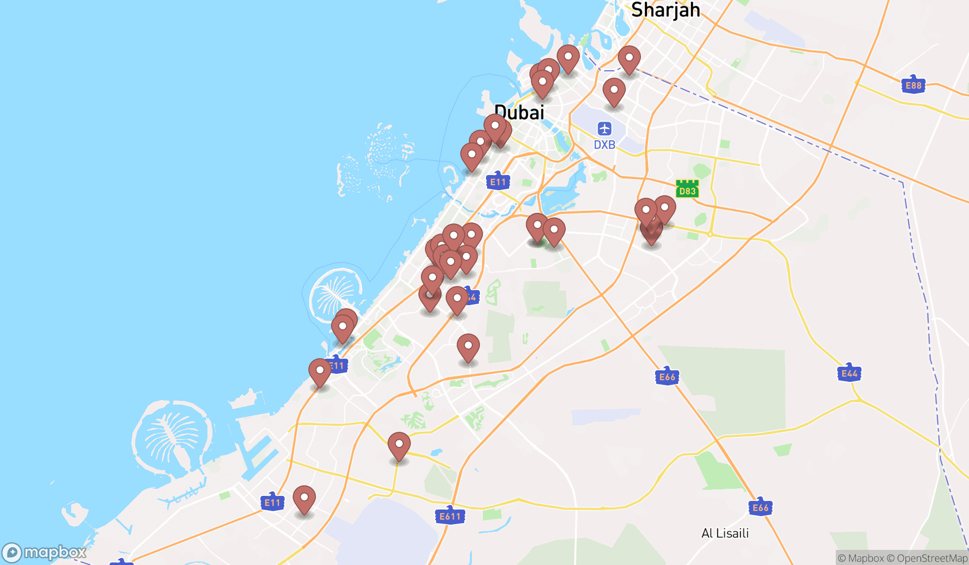 Map showing the search results in Dubai