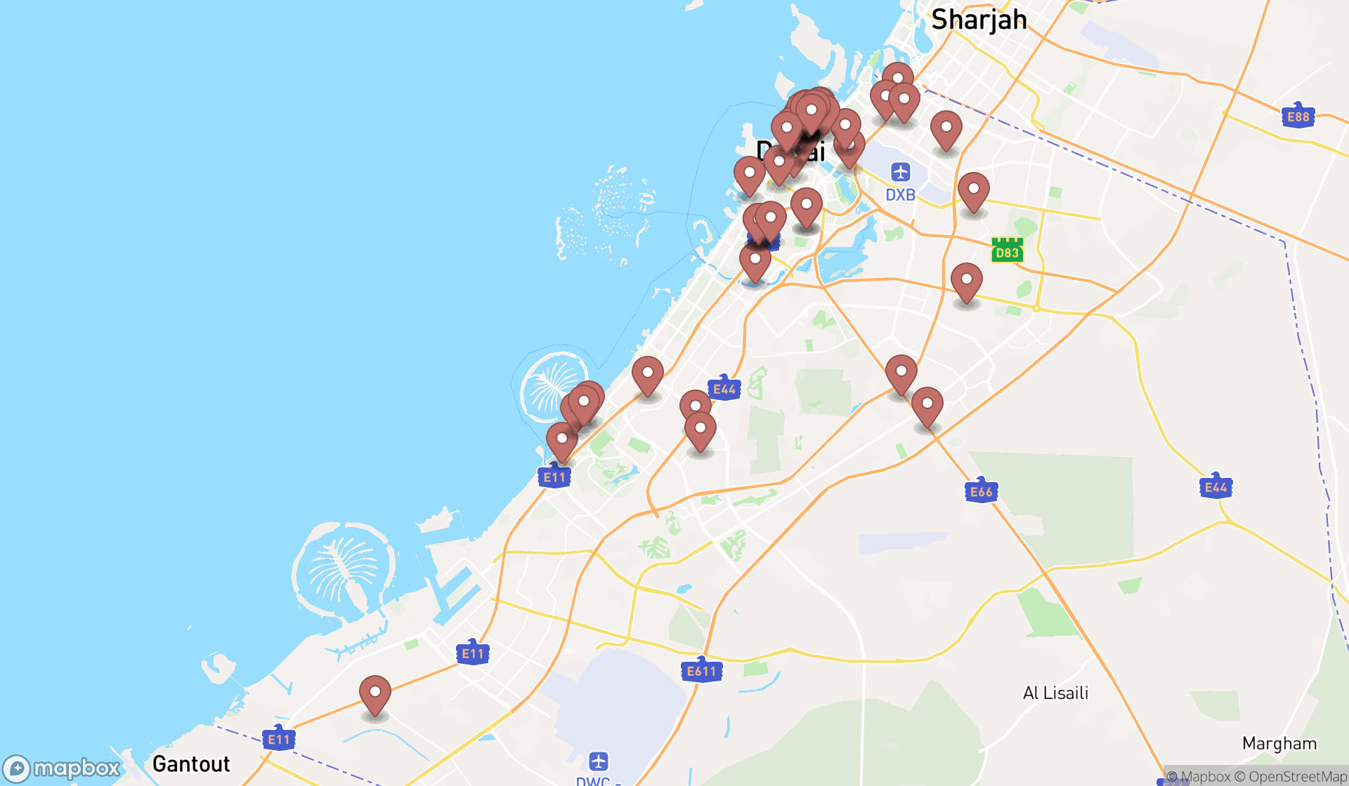 Map showing the search results in Dubai