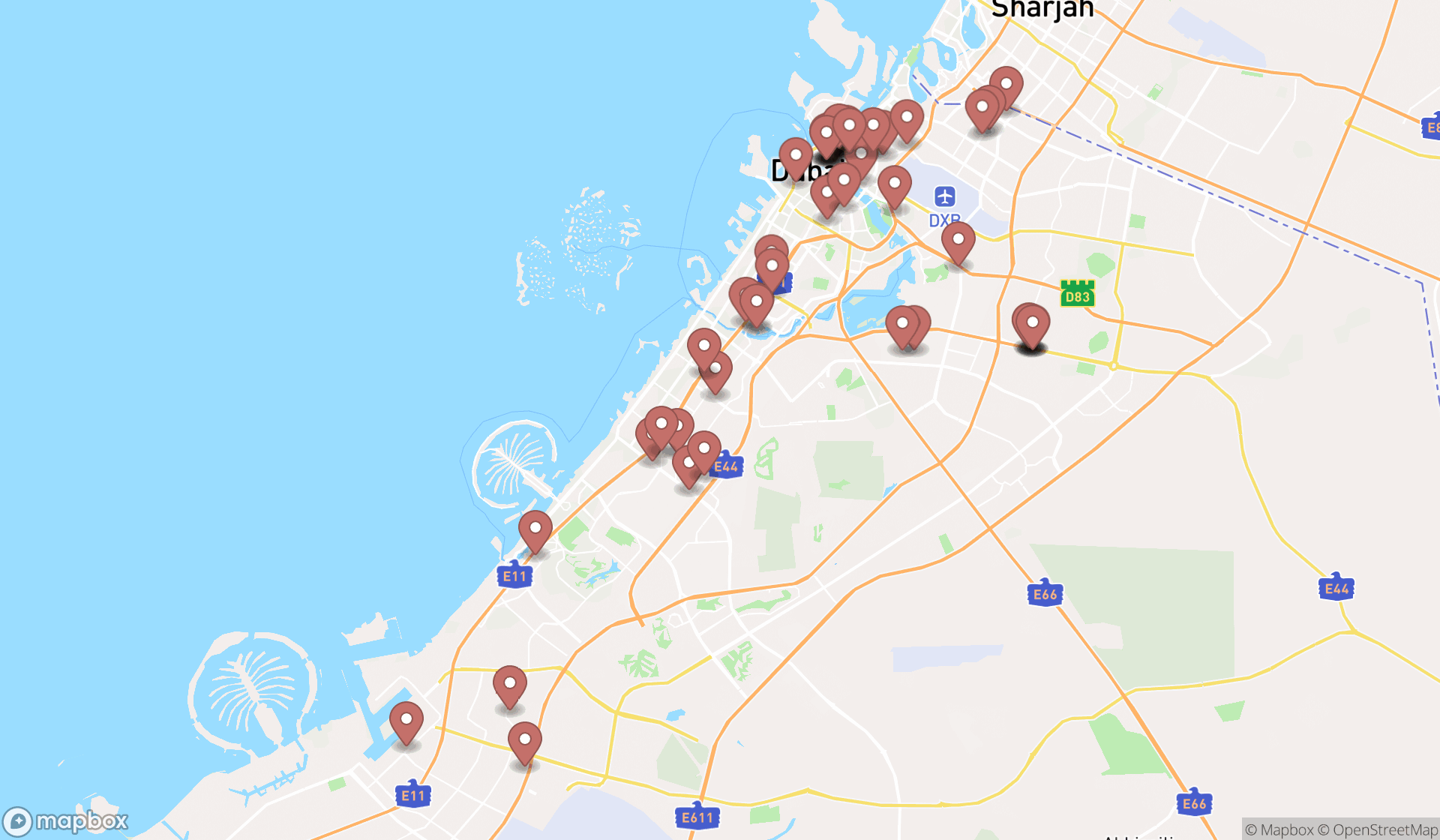 Map showing the search results in Dubai
