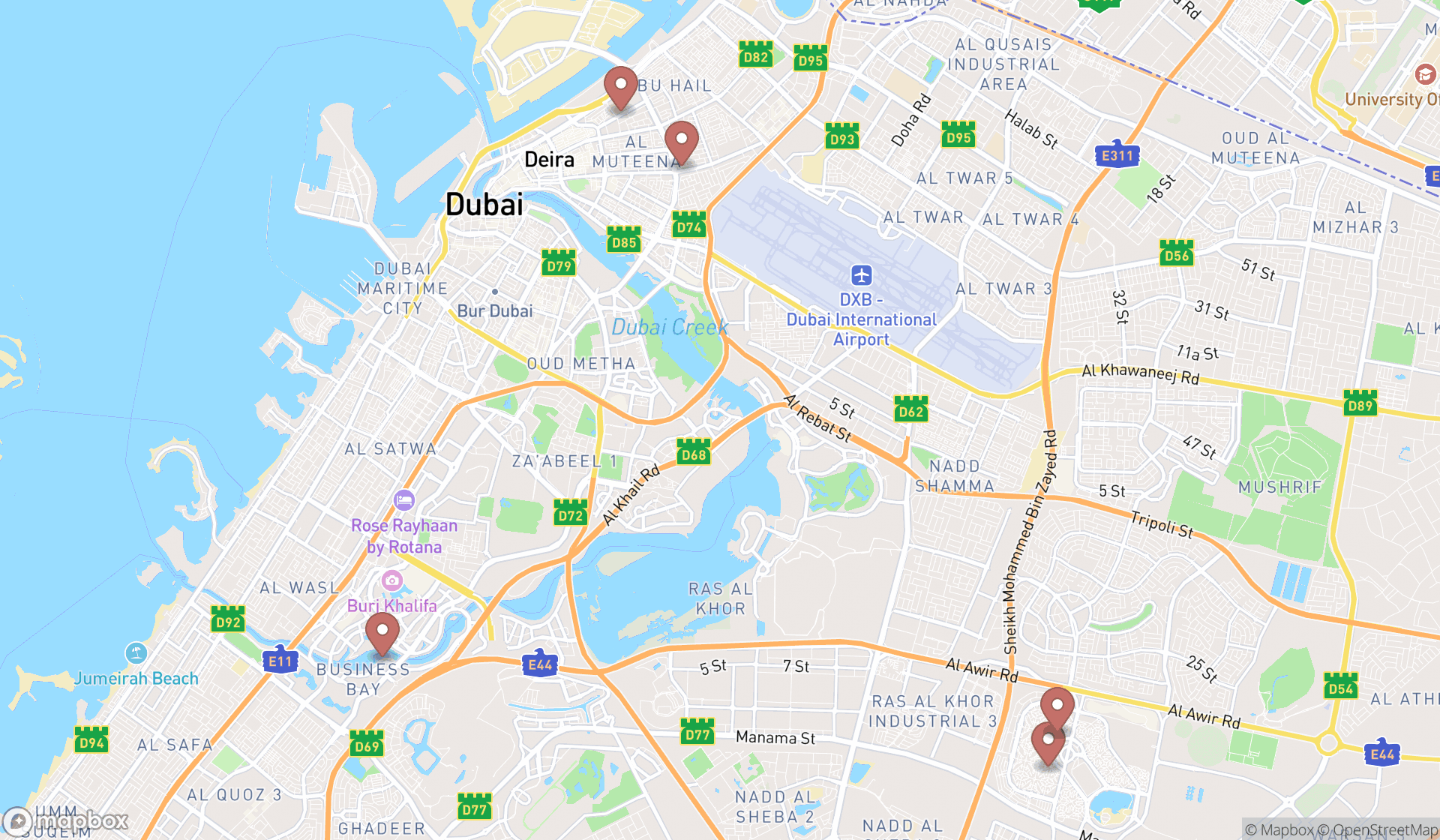Map showing the search results in Dubai