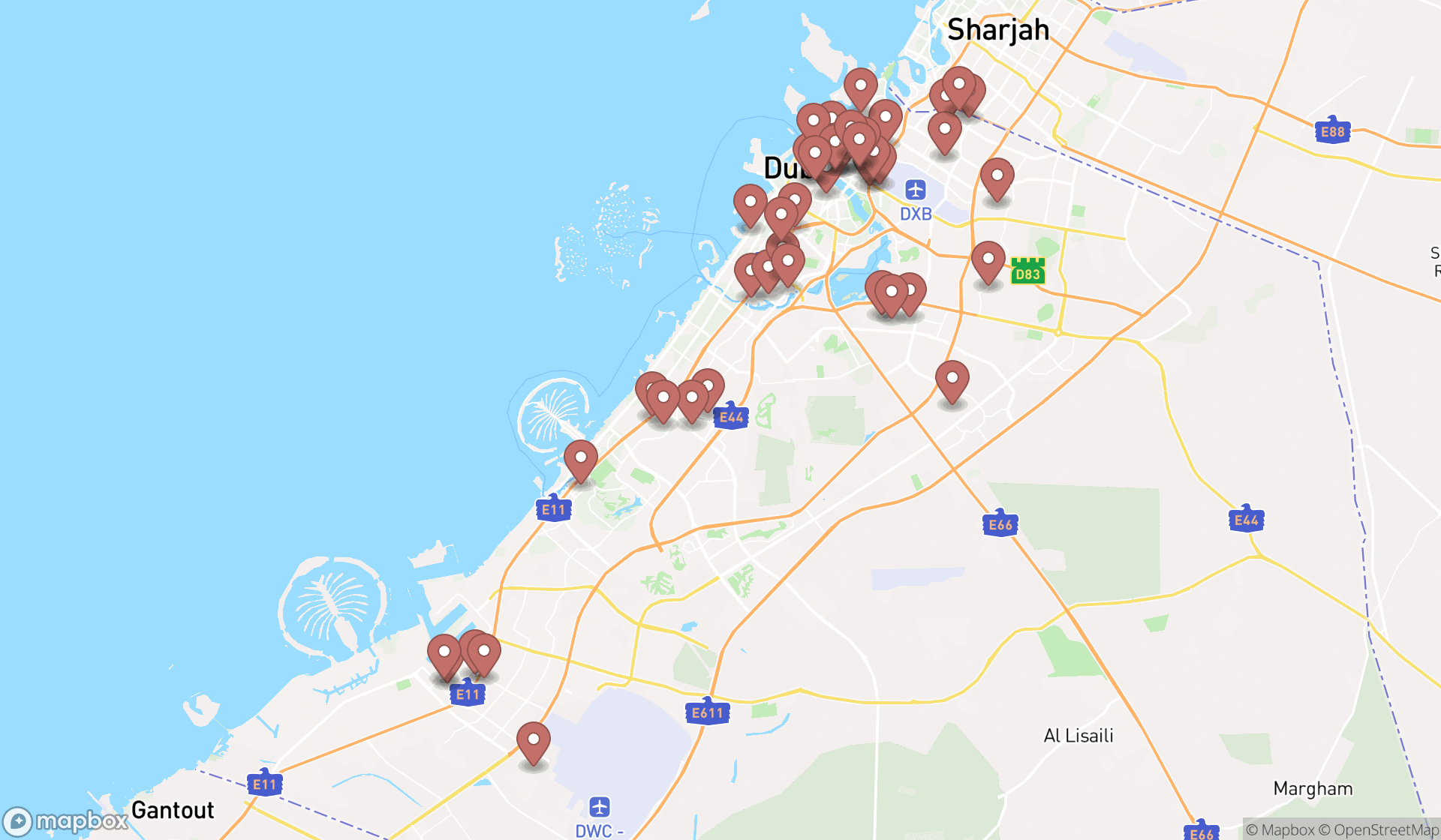 Map showing the search results in Dubai