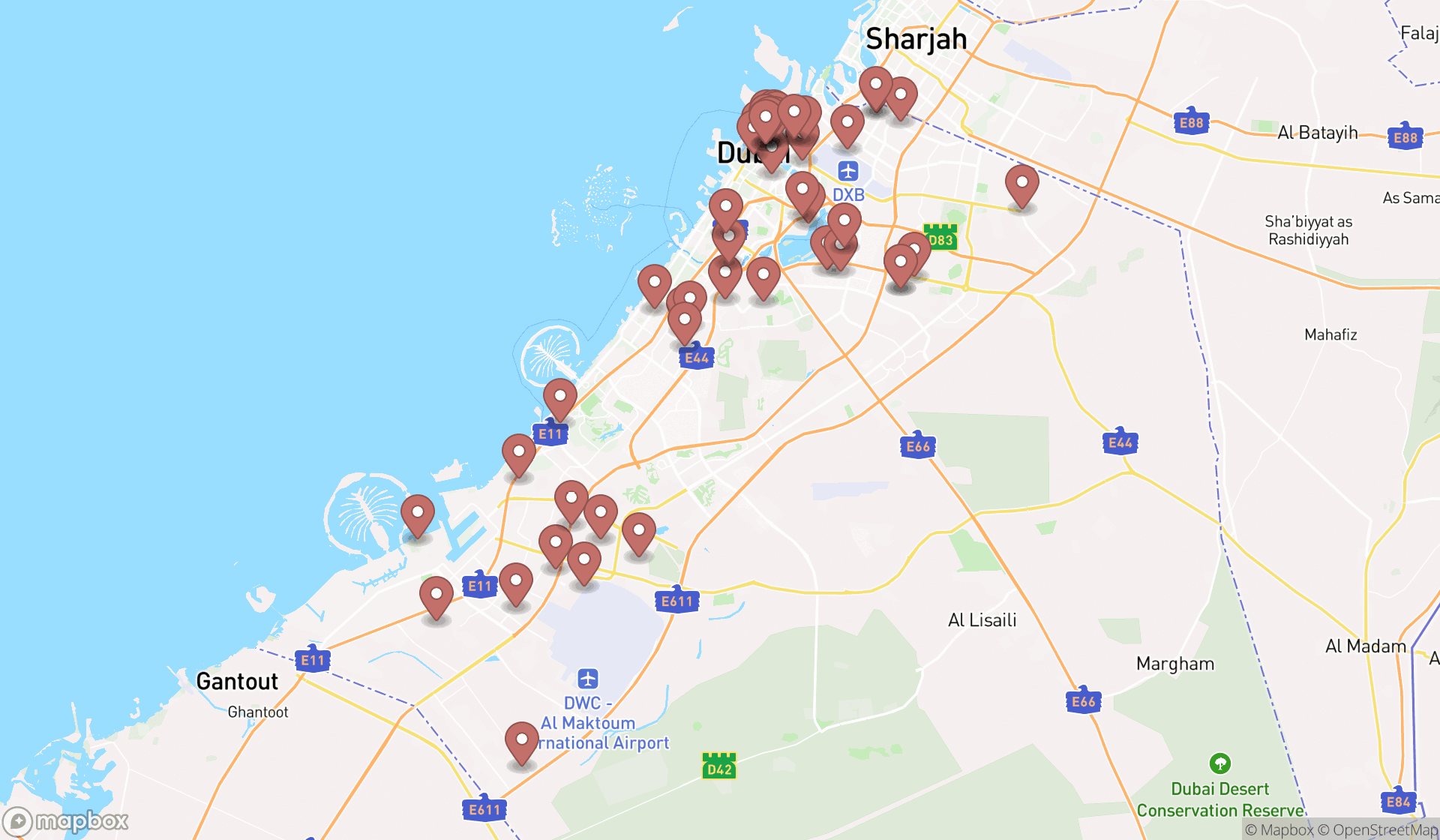 Map showing the search results in Dubai