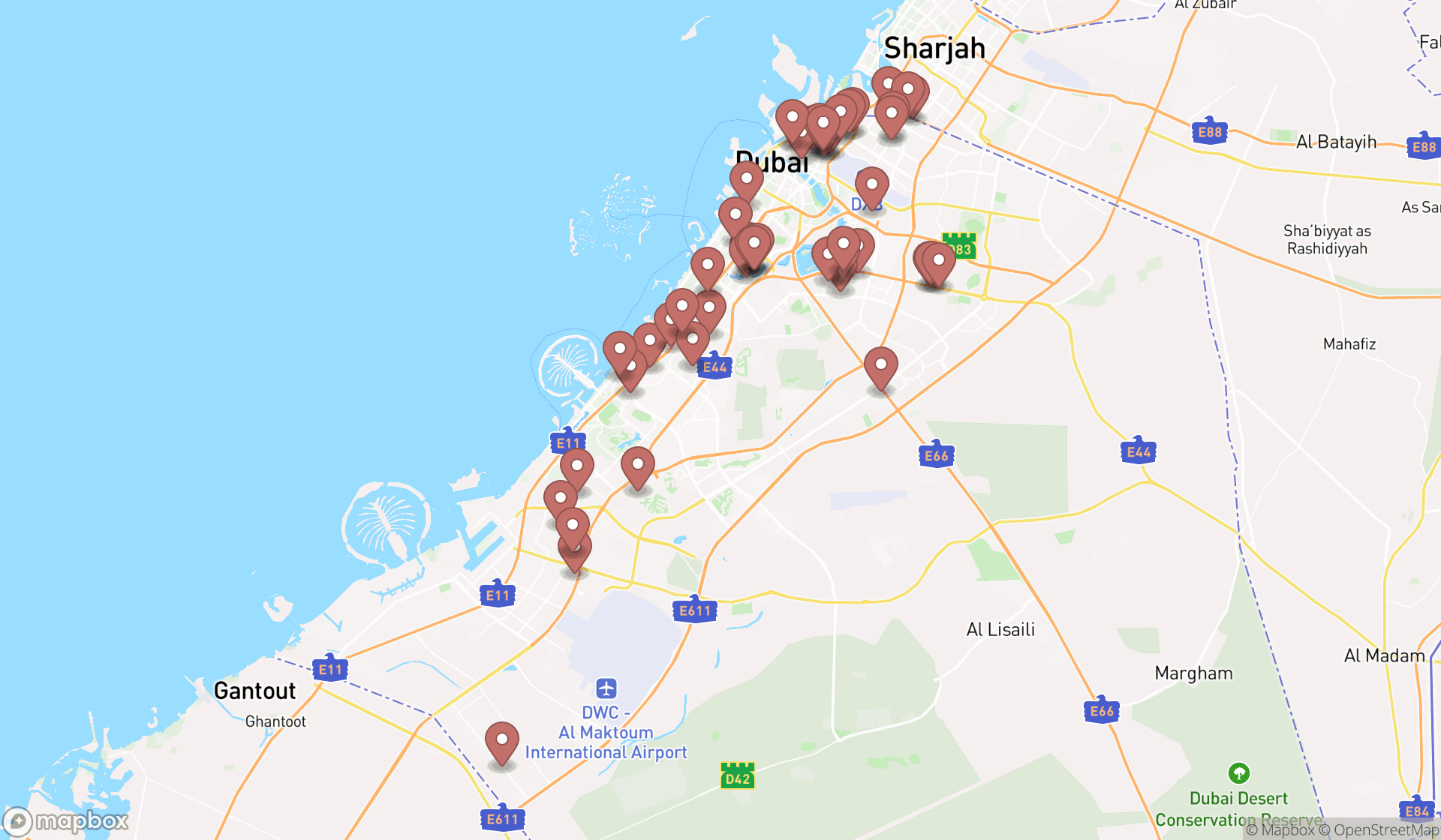 Map showing the search results in Dubai