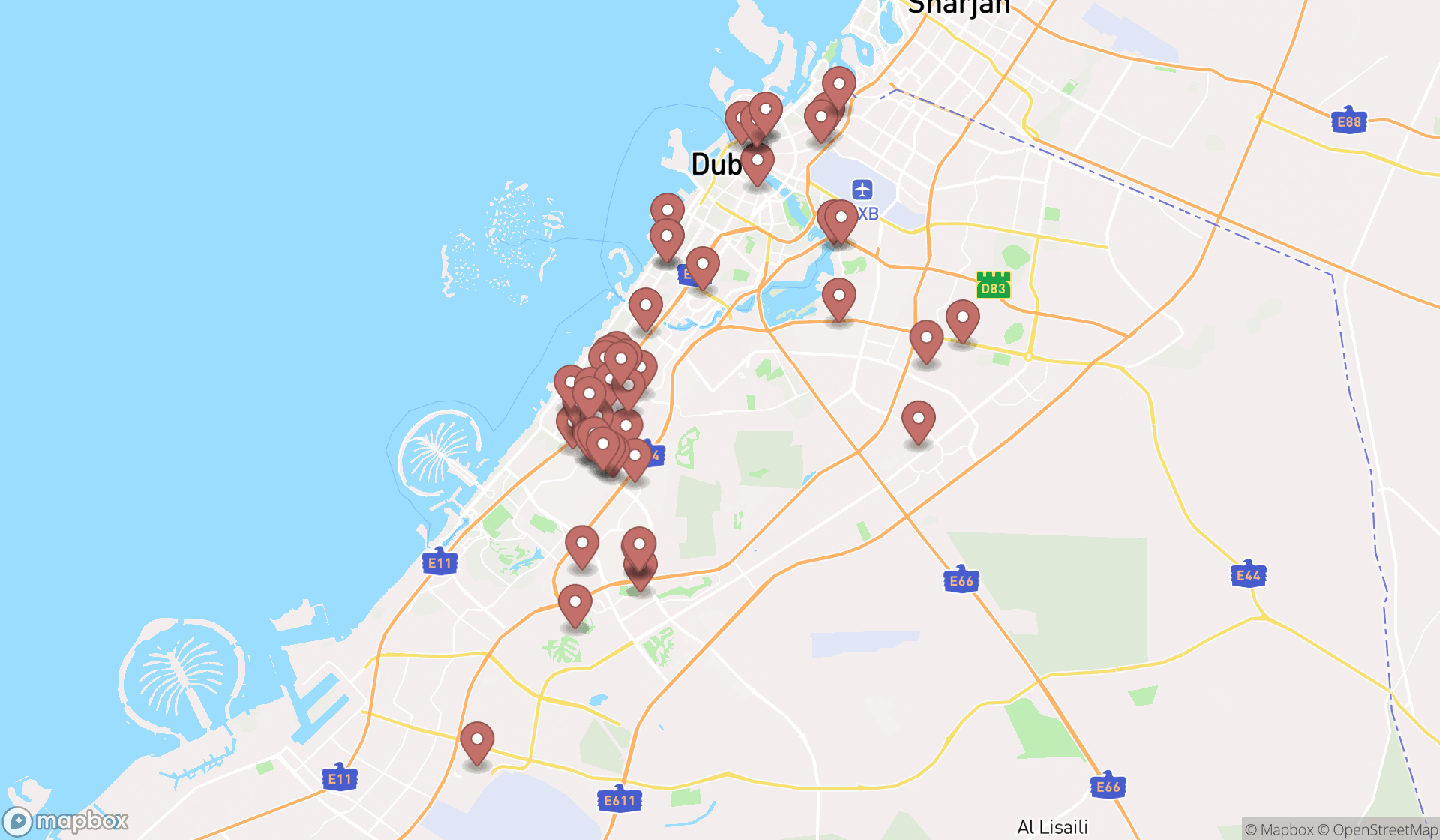 Map showing the search results in Dubai