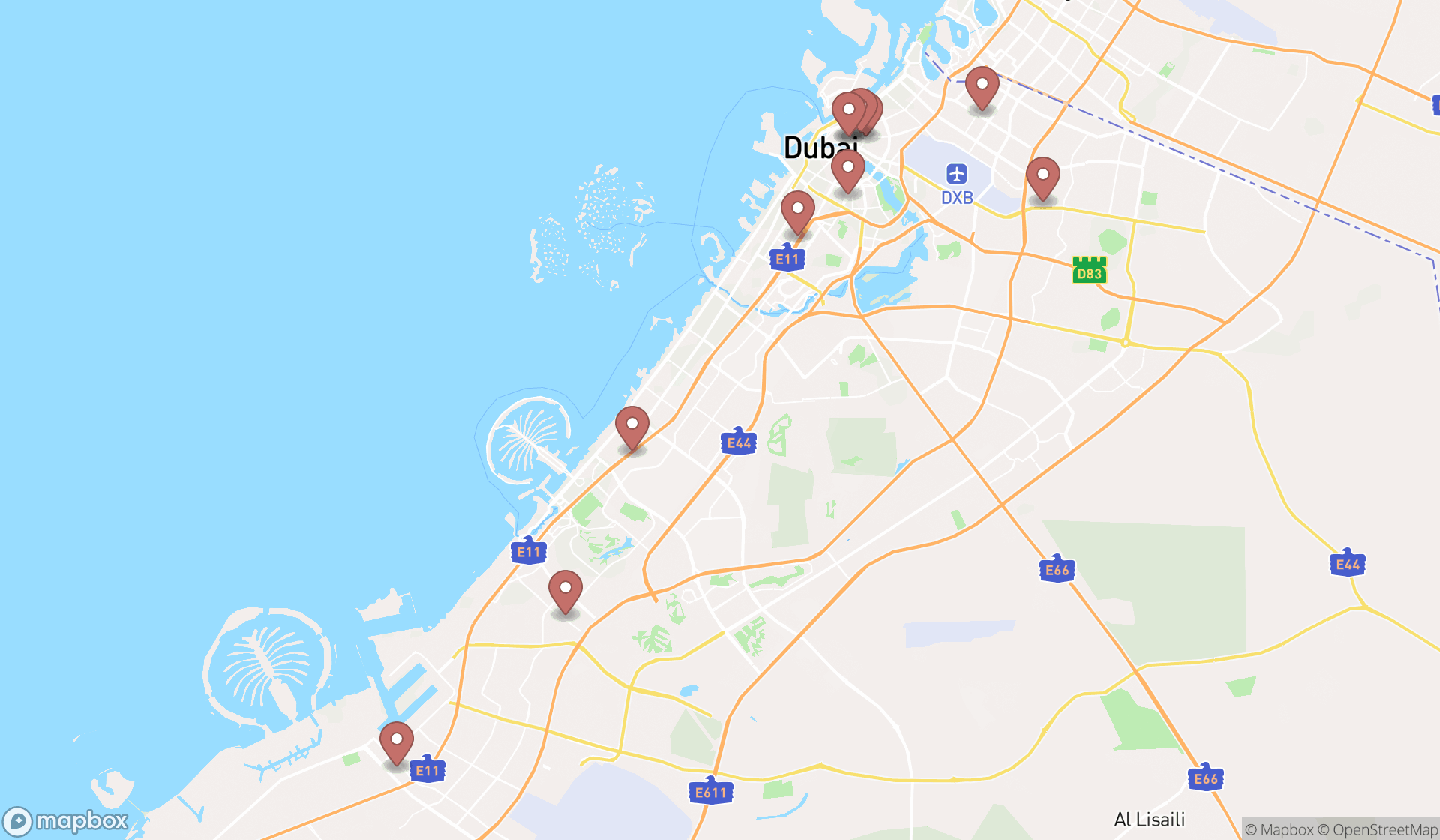 Map showing the search results in Dubai