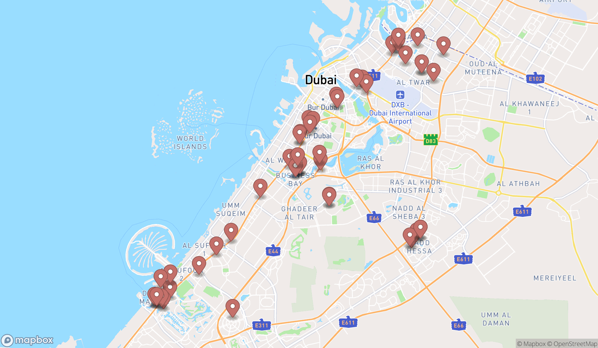 Map showing the search results in Dubai