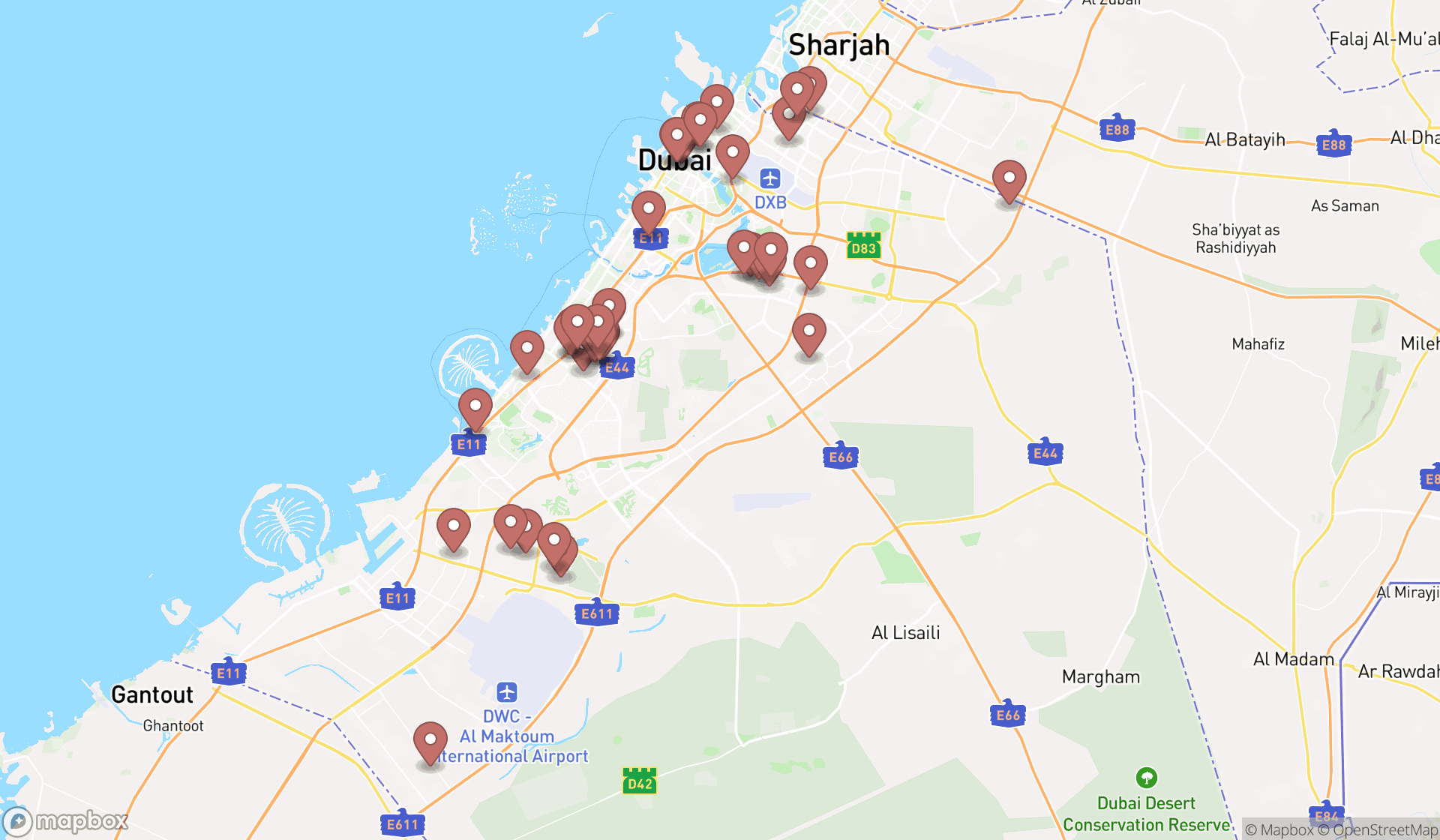 Map showing the search results in Dubai