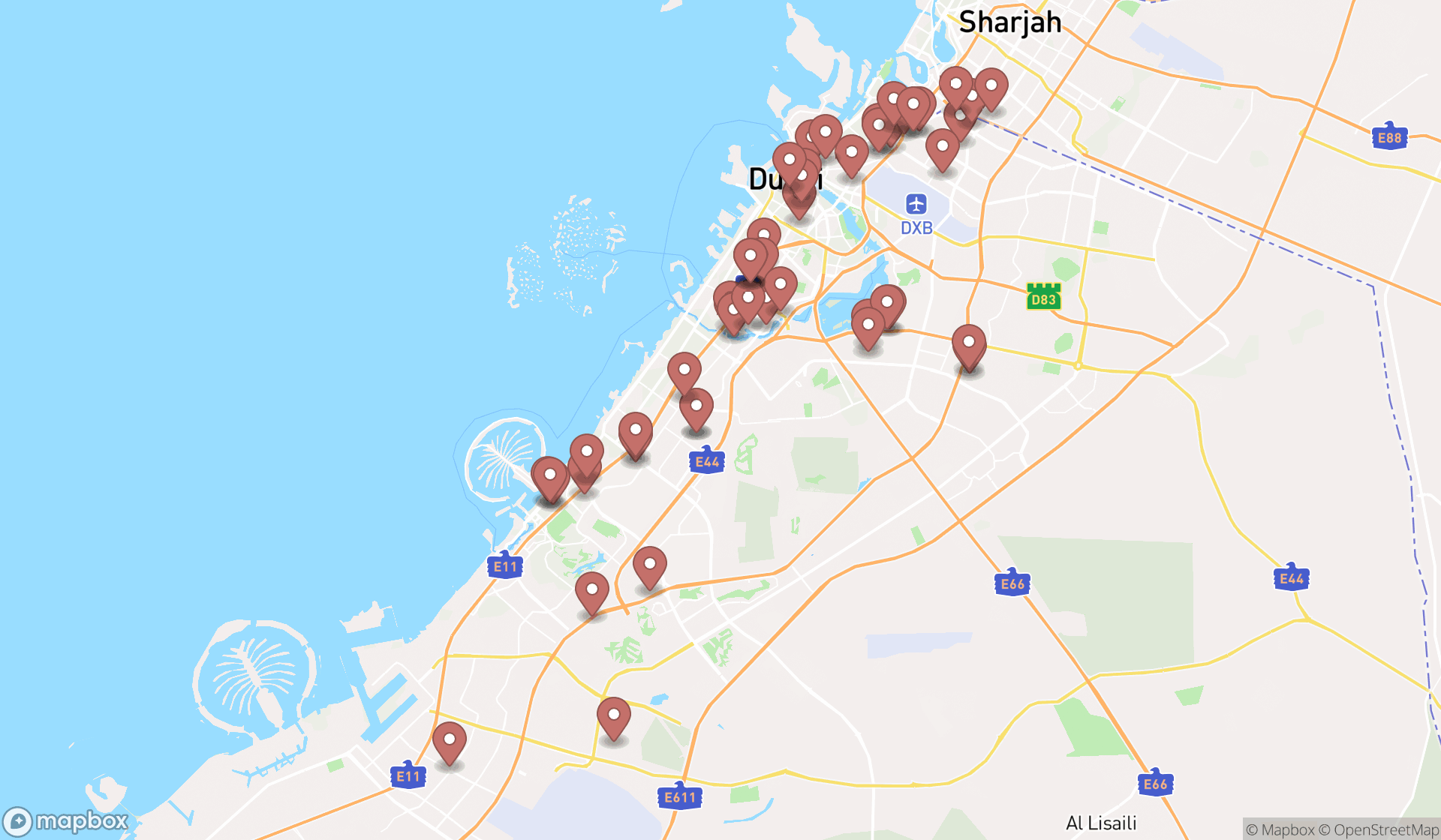 Map showing the search results in Dubai