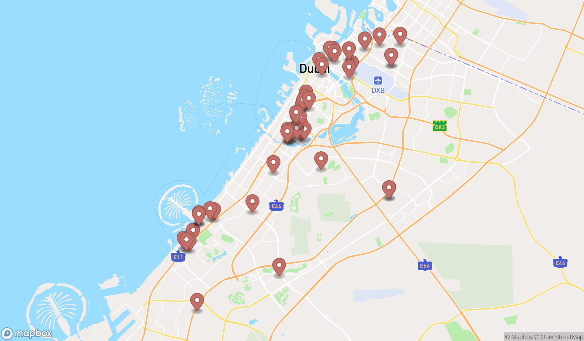 Map showing the search results in Dubai