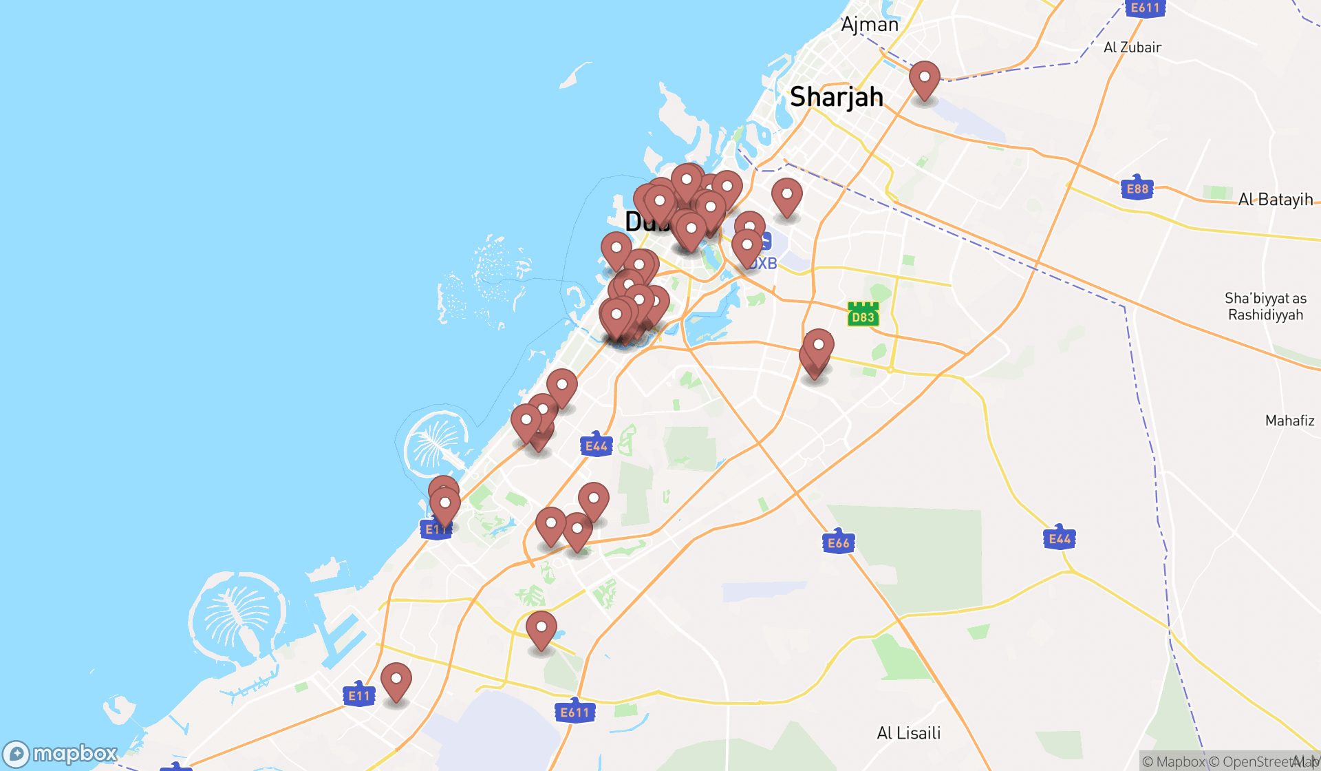 Map showing the search results in Dubai