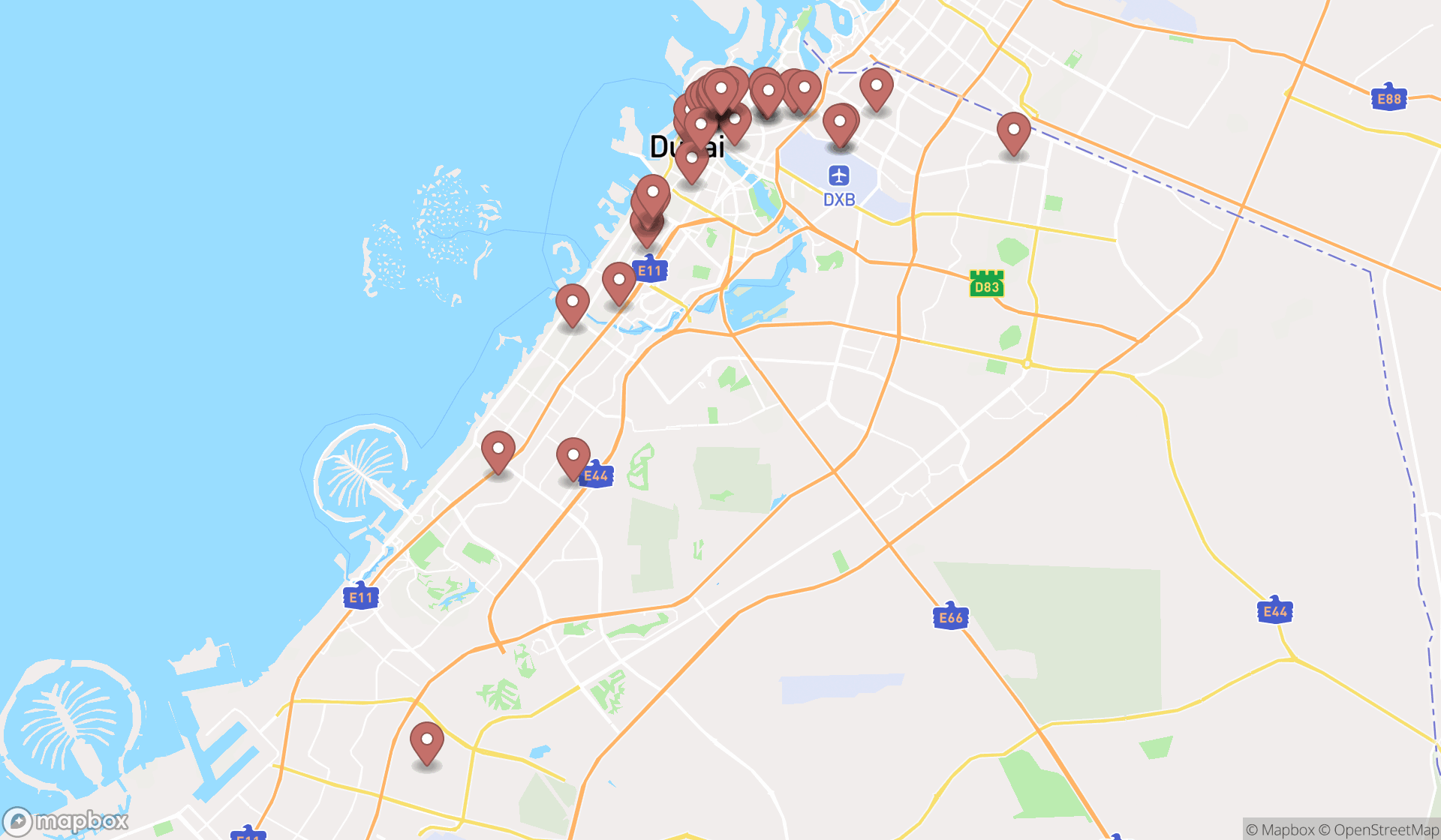 Map showing the search results in Dubai